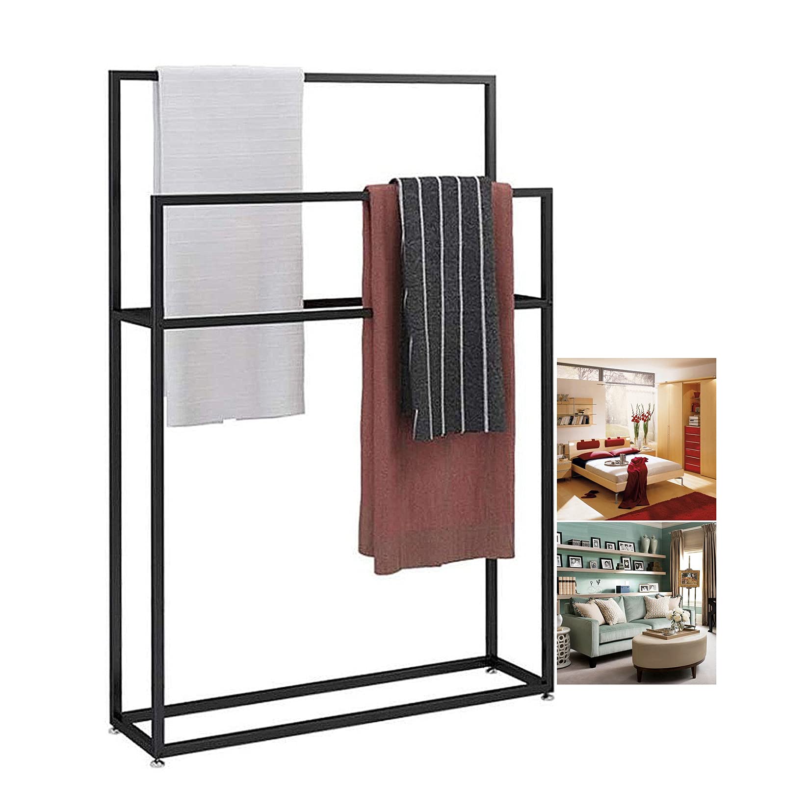 Porte-serviettes sur pied moderne en métal noir pour sol de salle de bain
