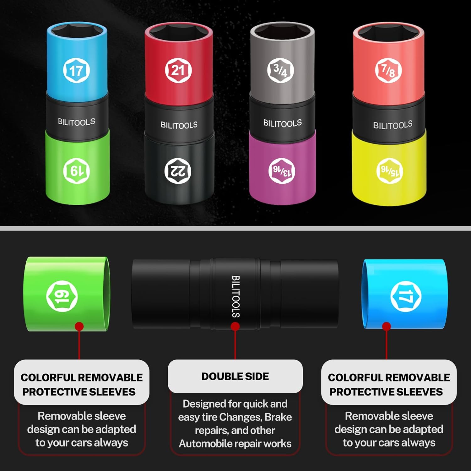 BILITOOLS Lug Nut Socket Set, 1/2 inch Drive Non-Marring Impact Flip Socket Set Metric 17-19 - 21-22 mm & SAE 3/4-13/16-7/8-15/16 inch, Thin Wall Wheel Protector Nut Socket