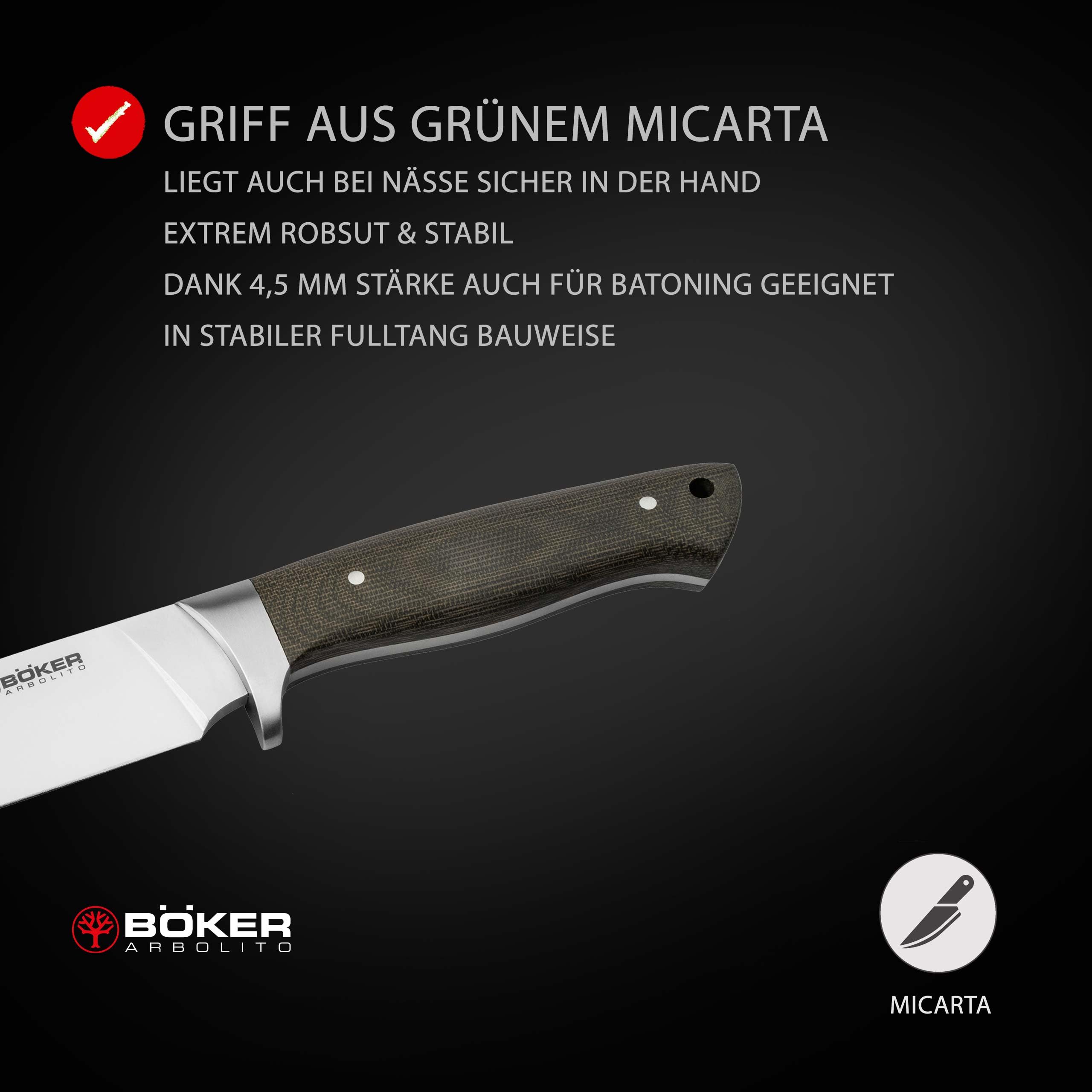 ARBOLITO BÖKER Hunter Micarta - Jagdmesser mit feststehender Klinge 12 cm - Profi Outdoor-Messer mit Lederscheide schwarz - Fulltang Messer mit Micarta Griff grün - Survival-Messer in Geschenk-Box