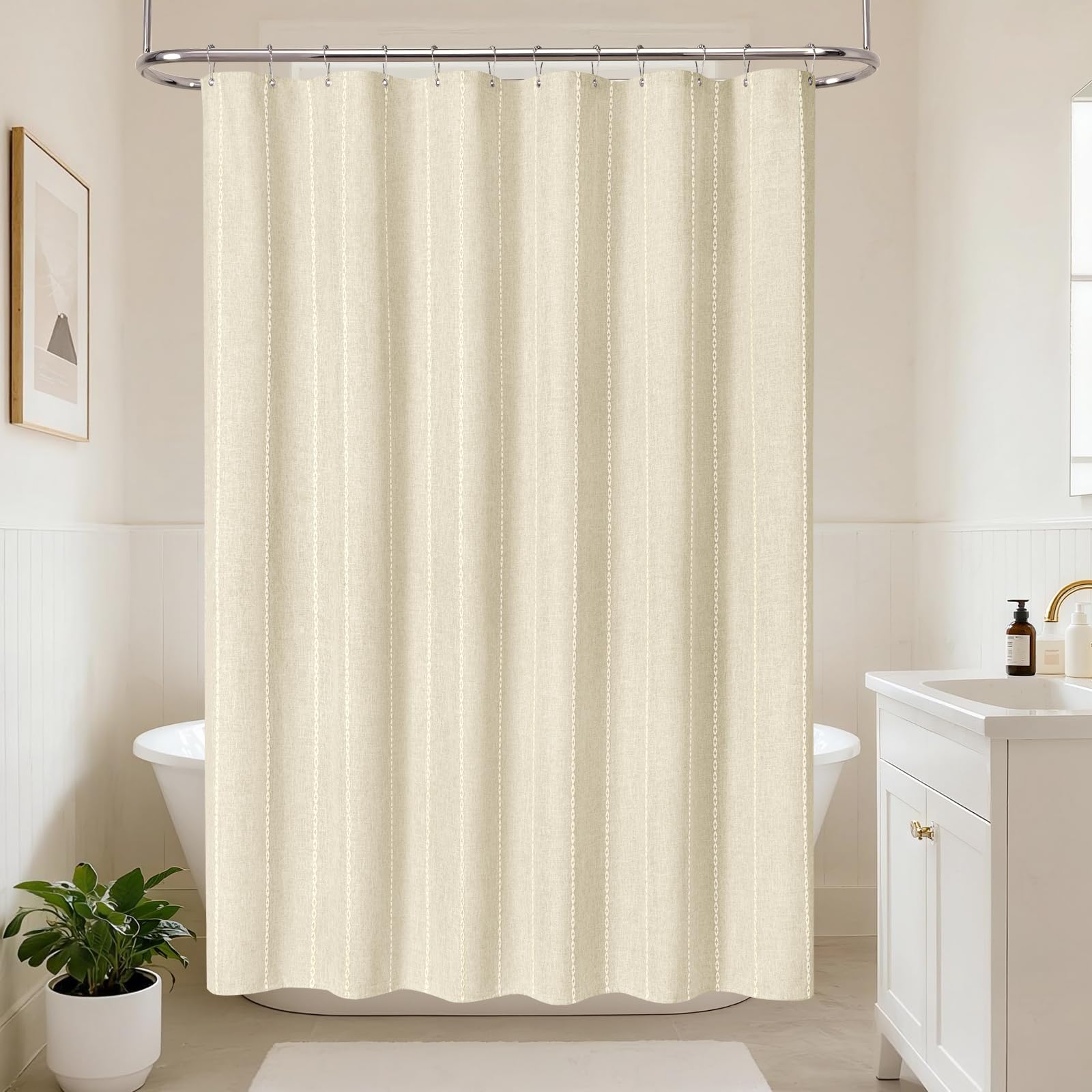 VANZAVANZU Cortina de Ducha de Rayas Bohemia - Cortina de Ducha de Lino y poliéster con Rayas Estilo rústico, Impermeable, Estilo rústico, Estilo Shabby Chic, 182 x 182 cm Beige