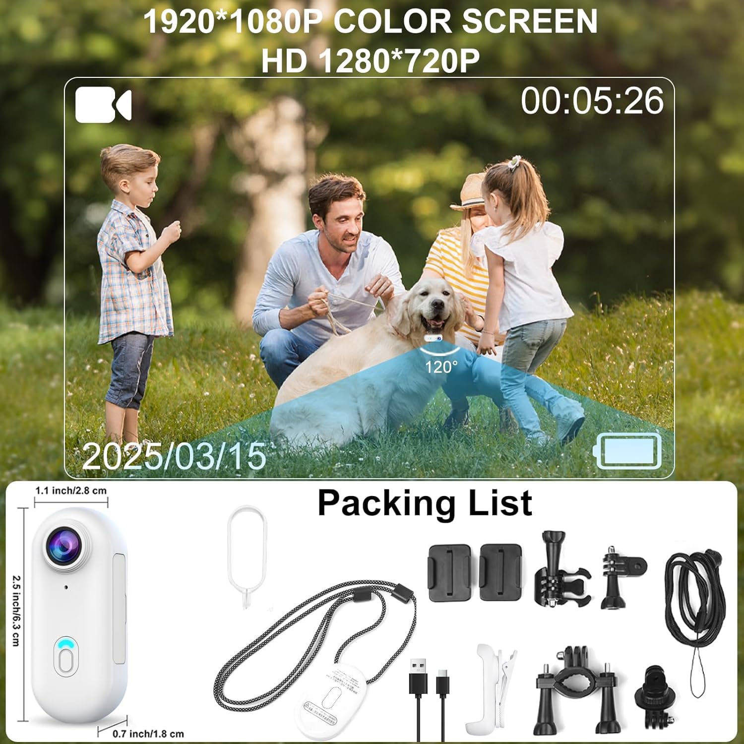 OBEST Mini Action Cam 1080P, Telecamera Vlog Magnetica Portatile, Impermeabile 30M con Custodia, 128G TF, Clip 360°, per Viaggi Gatti Animali Domestici