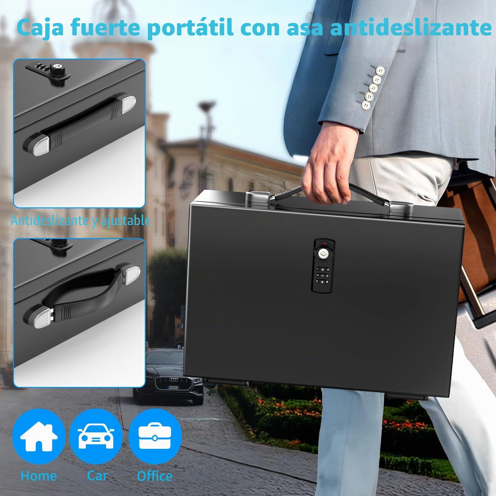 Mejasg Caja de documentos portátil ignífuga con código numérico y llave, caja fuerte de 18 l para el hogar con asa, resistente al fuego, resistente al agua, para dinero en efectivo, medicamentos