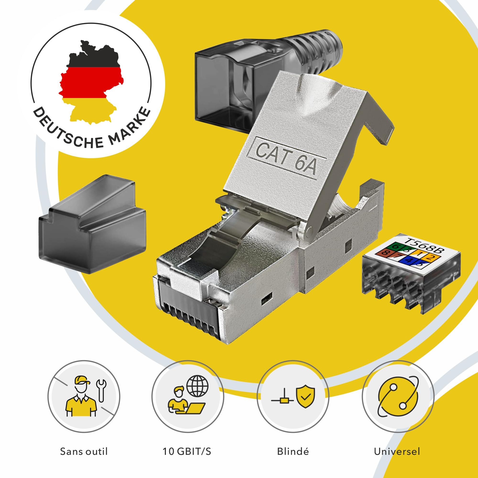 Connecteur RJ45 sans Outil Cat 6a Fiche Mâle Réseau 10Gbit/s Fiche à Sertir Blindée avec Connexion LSA pour câble ethernet Cat 7 Cat6a Cat6 8 pôles Plug | 6 pièces