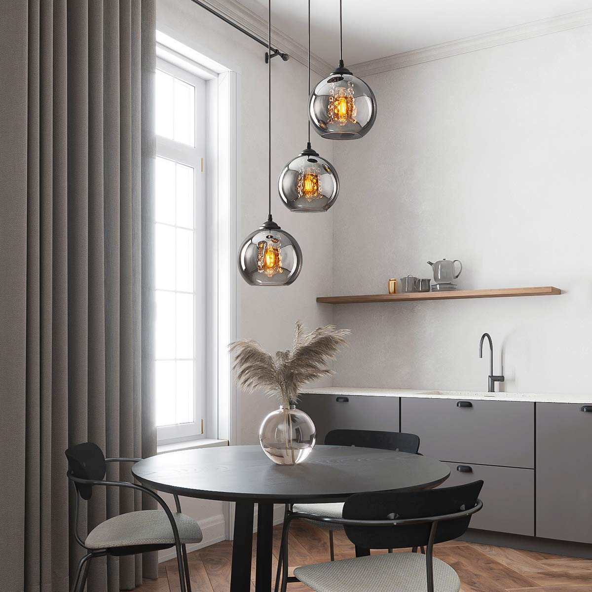 H.W.S LáMpara Colgante De Cristal DiseñO Bola Moderna Creativa DecoracióN Interior Ajustable En Altura Luminaria Sala Estar (Smoky gray, 3 flamming round)
