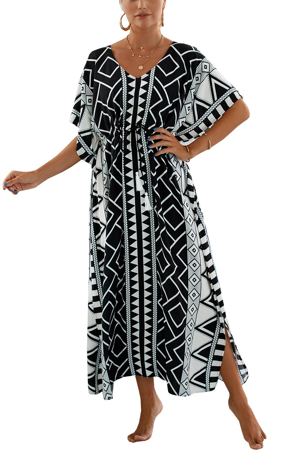 LikeJump Mujer Bohemia V Cuello Vestido de Playa Maxi Kaftan Kimono Pareos Bikini Cover Ups