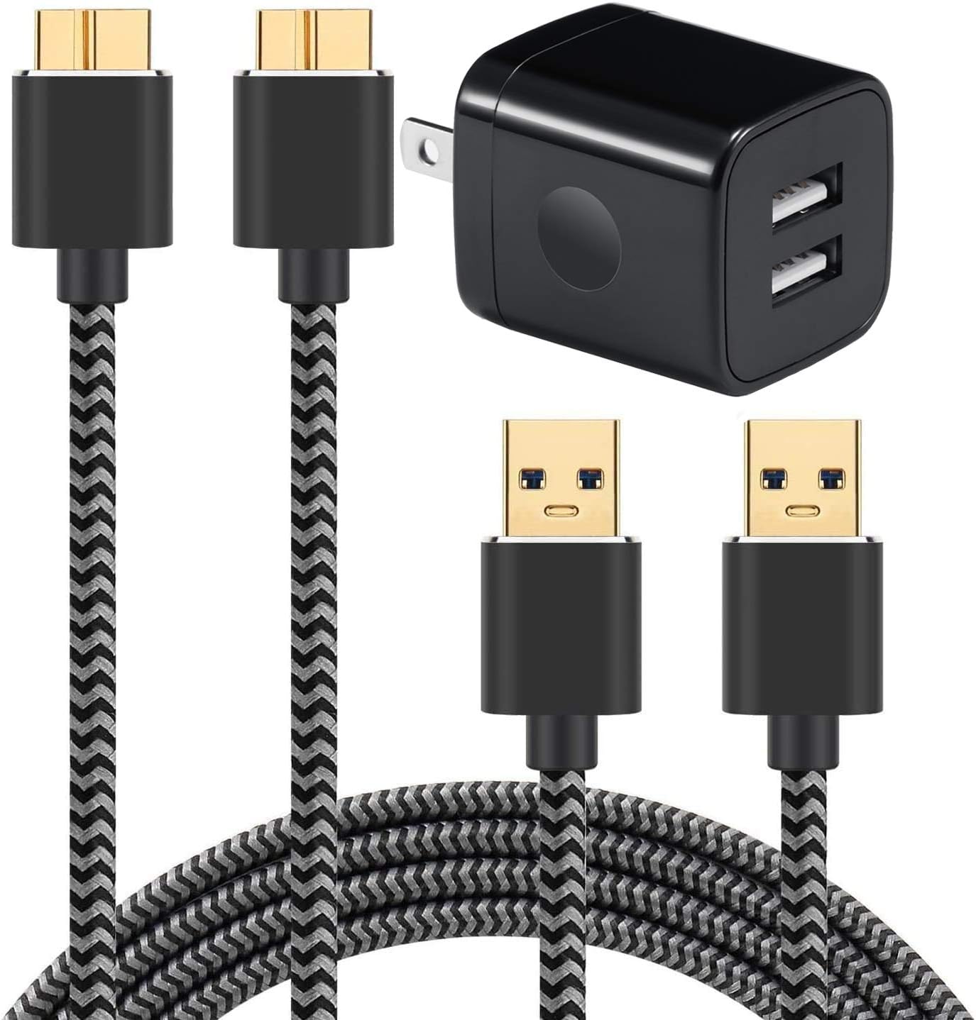 Galaxy S5 Charger (3-in-1), WITPRO 6ft Braided Fast Charging Cable 2-Pack and 2.1A/5V Dual USB Wall Charger for Samsung Galaxy S5 / Note 3 (Black)