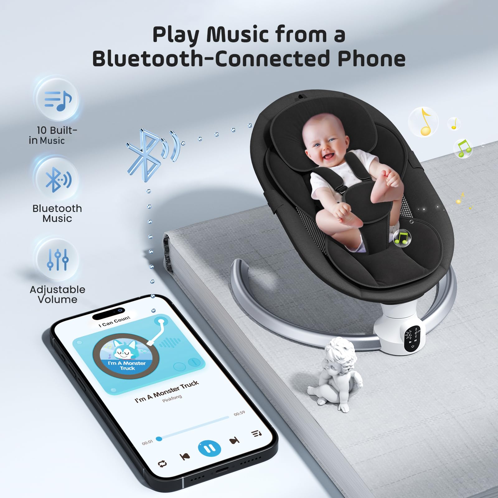 Helangel Altalena per neonati, dondolo elettrico per bambini con app e telecomando, imbracatura a 5 punti aggiornata, 10 musiche Bluetooth e 5 velocità, resiste a 9 kg