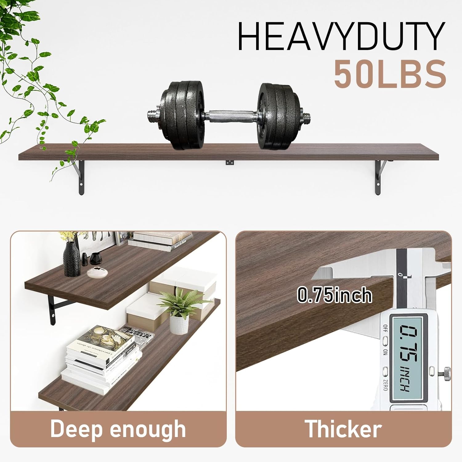 Kaboon 55 inch Long 10 inch Deep Floating Shelves for Wall Set of 2, Large Open Shelves Wall Mounted, Space Saving Home and Commercial Use, Eucalyptus