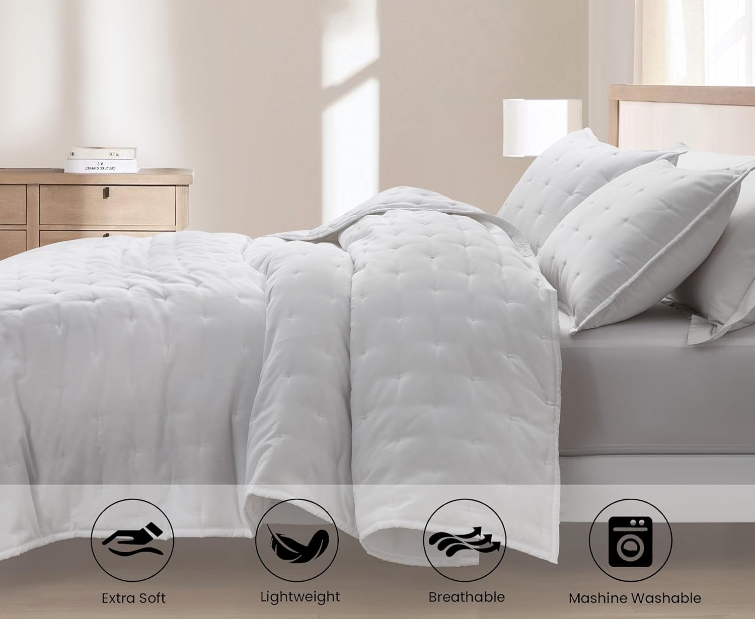 Chezmoi Collection Glen 3-Piece Crescent Stitched Quilt Set, King Size, White - Rayon Derived from Bamboo & Polyester Blended, Soft Breathable Cooling Bedspread for Hot Sleepers