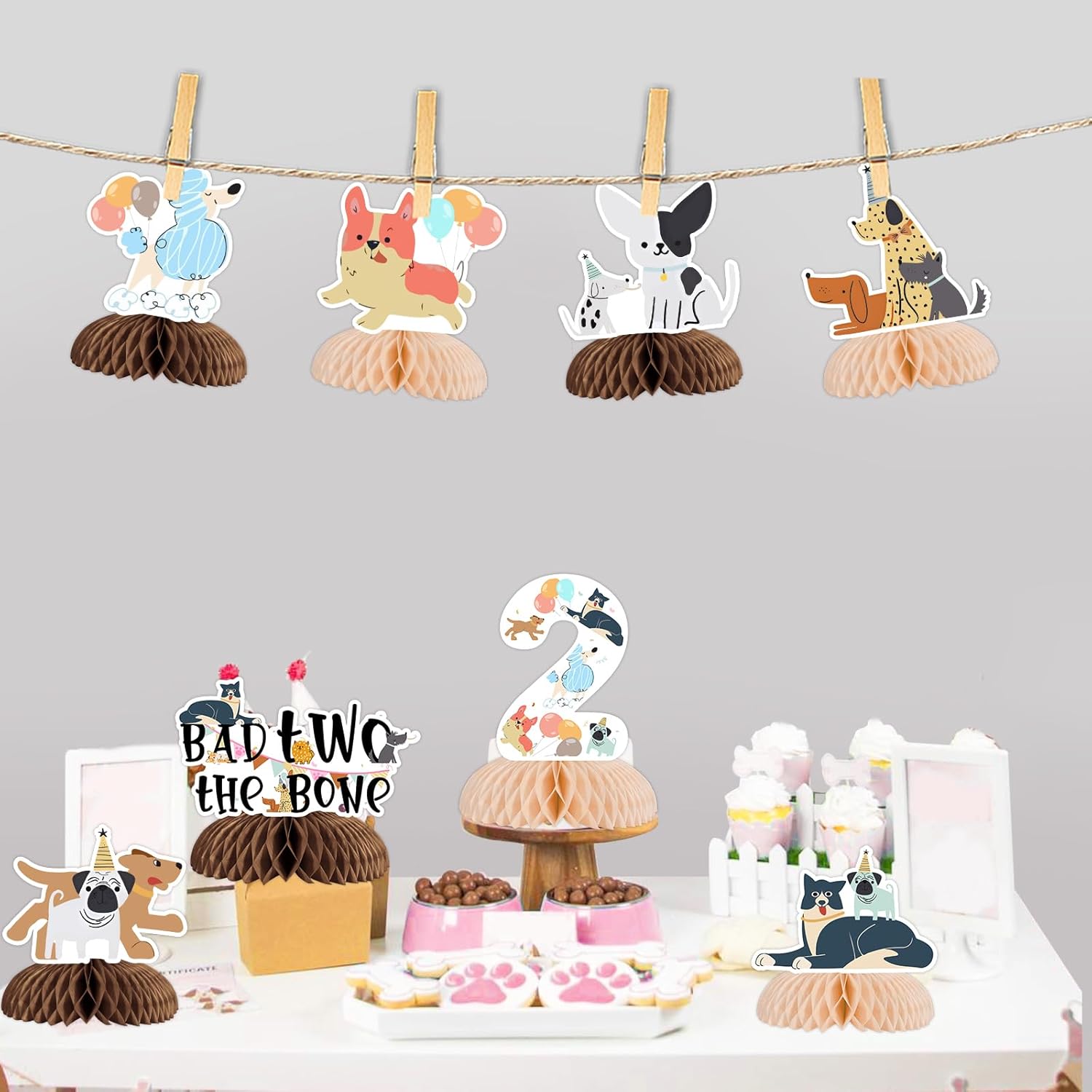Funmemoir Dog 2nd Birthday Decorations, Dog Bad Two the Bone Party Decorations - 8PCS Dog Honeycomb Centerpieces Table Decorations for Puppy Dog Themed 2 Year Old Birthday Party