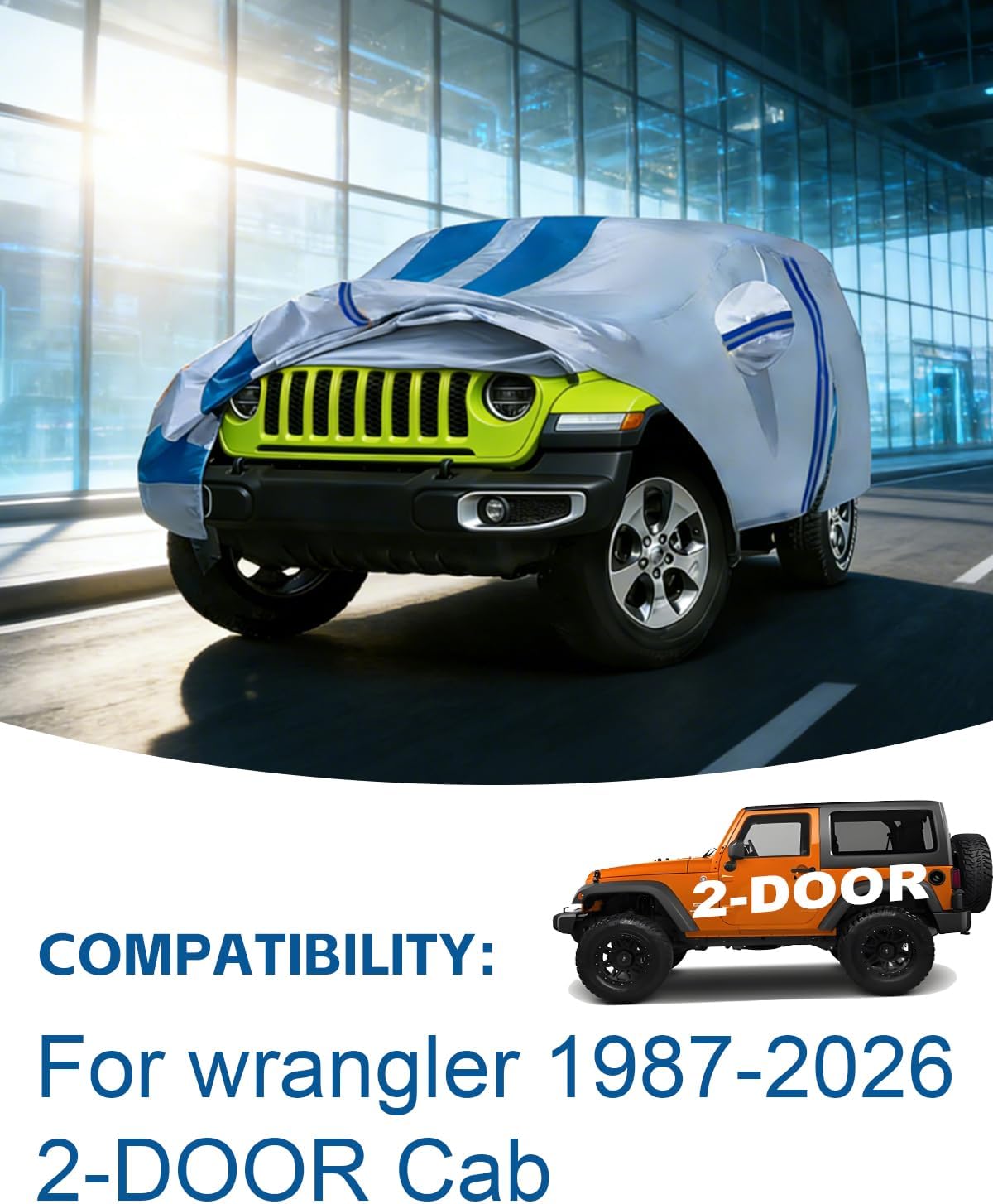 10 Layers Full Car Cover Custom Fit for Jeep Wrangler 2 Dr/Unlimited 2-Door JK JL TJ ect,100% Waterproof All Weather Heavy Duty Car Covers for Rain Sun UV Hail Protection with Door Zipper.