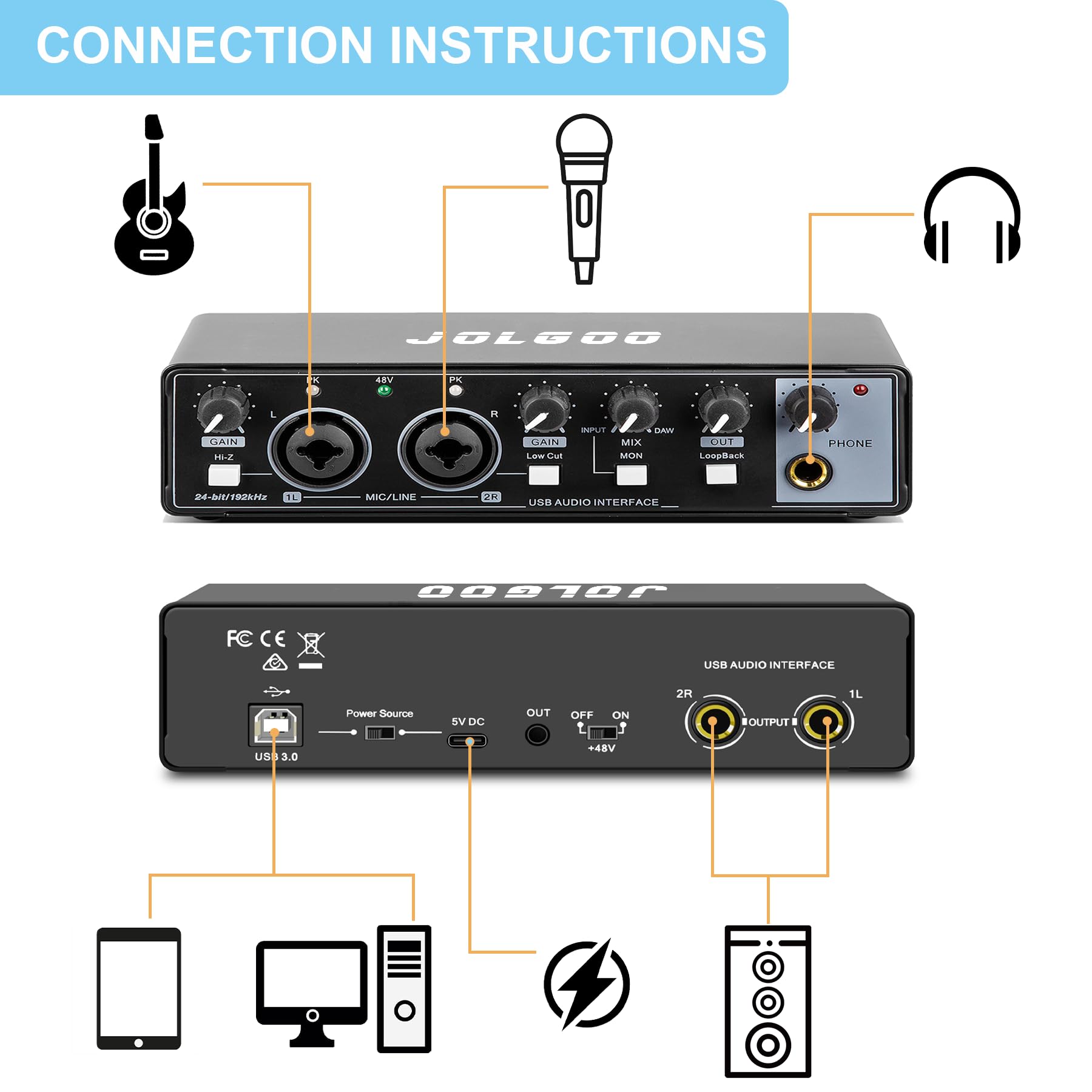 Amazon.com: Jolgoo 2x2 USB Audio Interface, 24-Bit/192kHz Phantom
