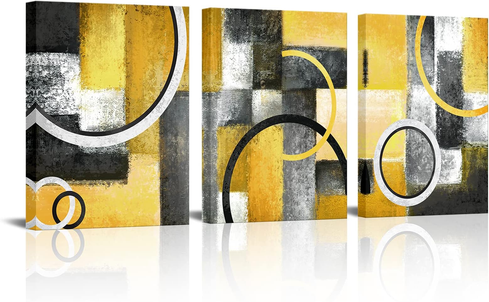 Visual Art Decor Yellow and Grey Abstract Geometric Circle Canvas Wall Art Rustic Lemon Yellow Prints Artwork for Living Room Bedroom Wall Decoration