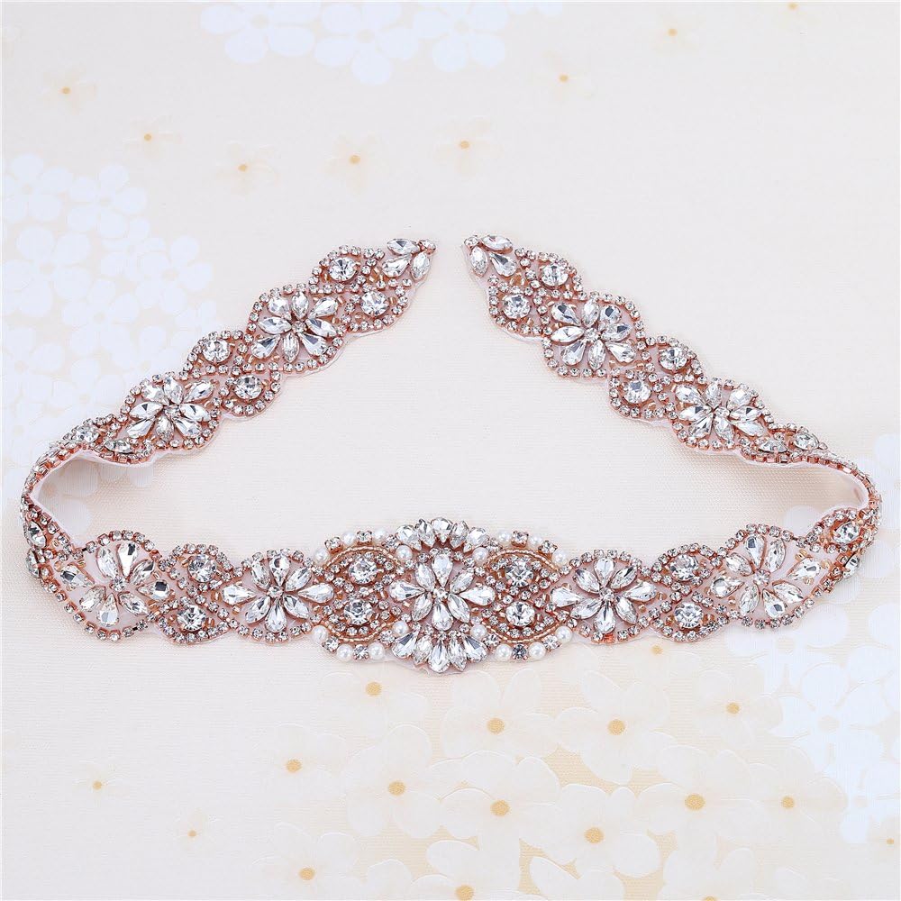 XINFANGXIU Rose Gold Wedding Bridal Sash Crystal Belt Rhinestone Applique Pearls Beaded Sewn Iron on for Formal Gown Dress (Rose Gold)