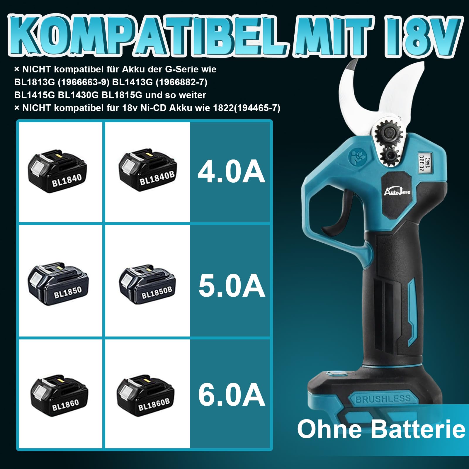 Akku Astschere kompatibel mit Makita 18V Akku Bürstenlose Elektrische Astschere mit 2 Gängen LCD Display Akku Baumschere für Rebschnitt Zweige, Stämme, Büsche (Ohne Akku) | Bürstenlose Elektrische Astschere, mit 2 Gängen, LCD Display, für Rebschnitt Zweig