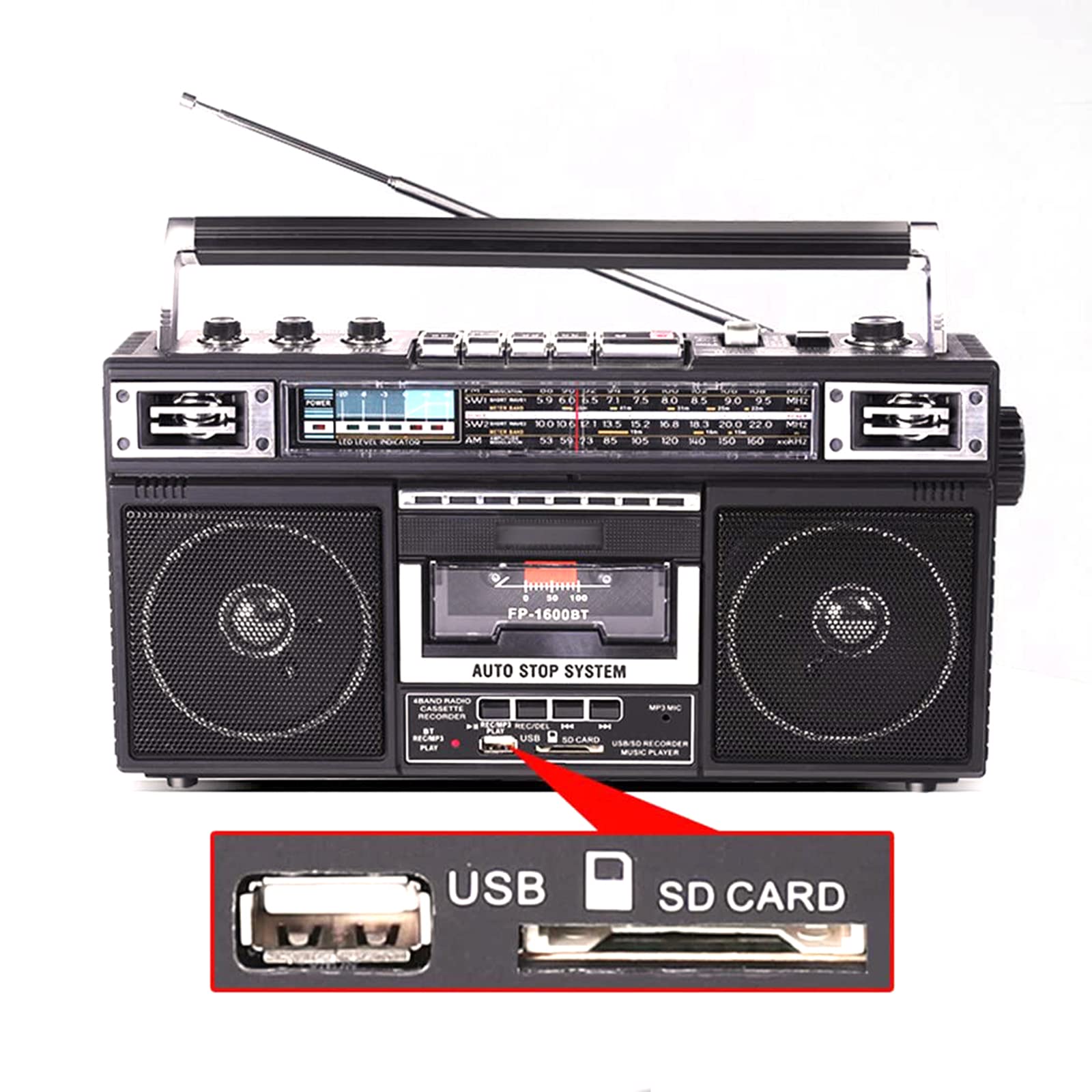 Radio Retro, grabadora y Reproductor de Casete de Radio portátil, conversión de MP3 Boombox Bluetooth Retro de Radio a Casete, con Tres Bandas AM/FM/SW1-2, grabación/tran
