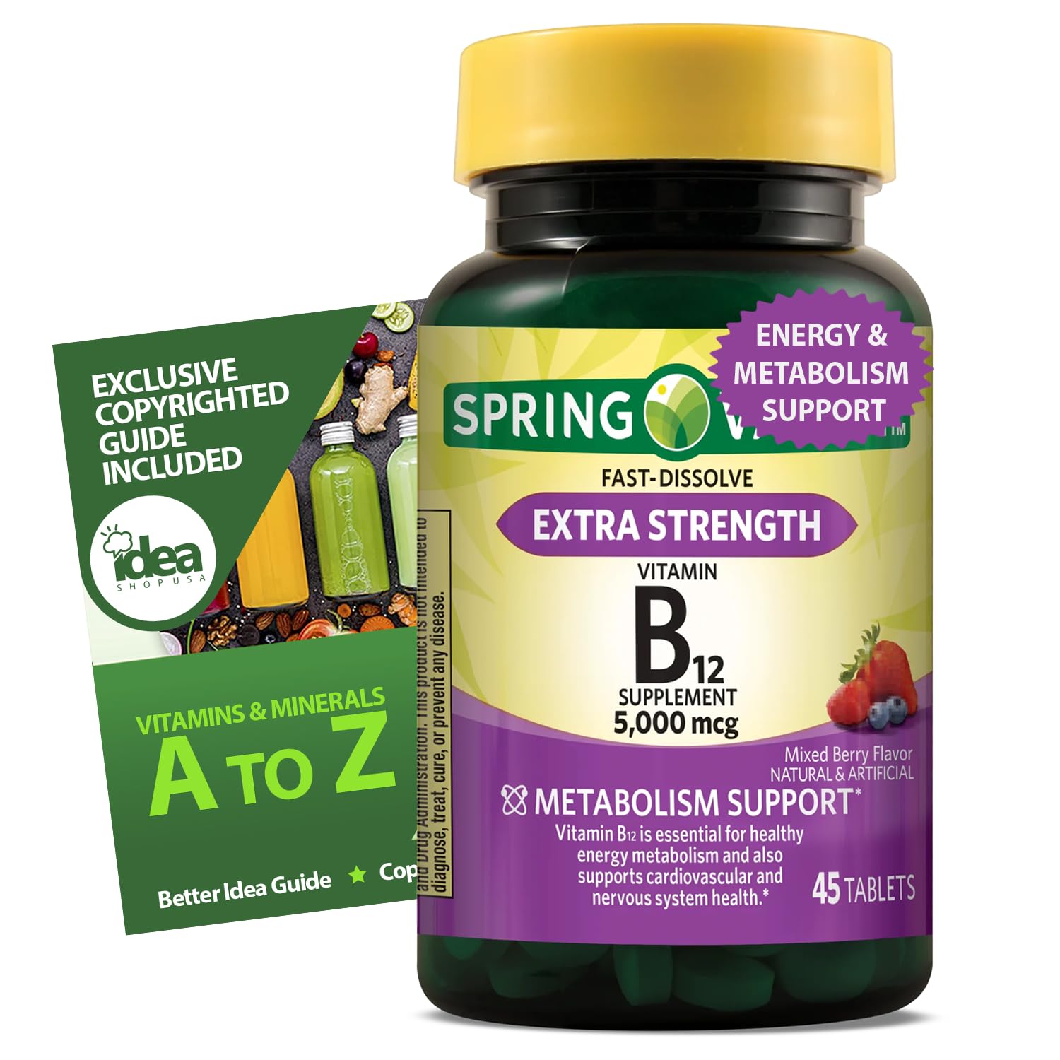 Vitaminas B12 5000 mcg em Comprimidos Sublinguais – 45 Contagem para Energia e Metabolismo – Sabor Natural de Cereja, Livre de Glúten