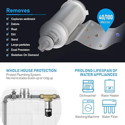 Miniatura 2 de Frizzlife JB40-100 Filtro de sedimento giratorio de doble cartucho, prefiltro de agua para toda la casa, 100 y 40 micrones reutilizable, raspador