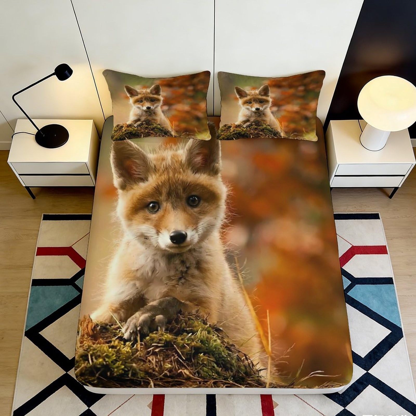 3D Printed Fox Forest Fitted Sheet Microfiber Anti-Slip Bed Cover Orange Bedroom Decor Machine Washable 90x200x25cm
