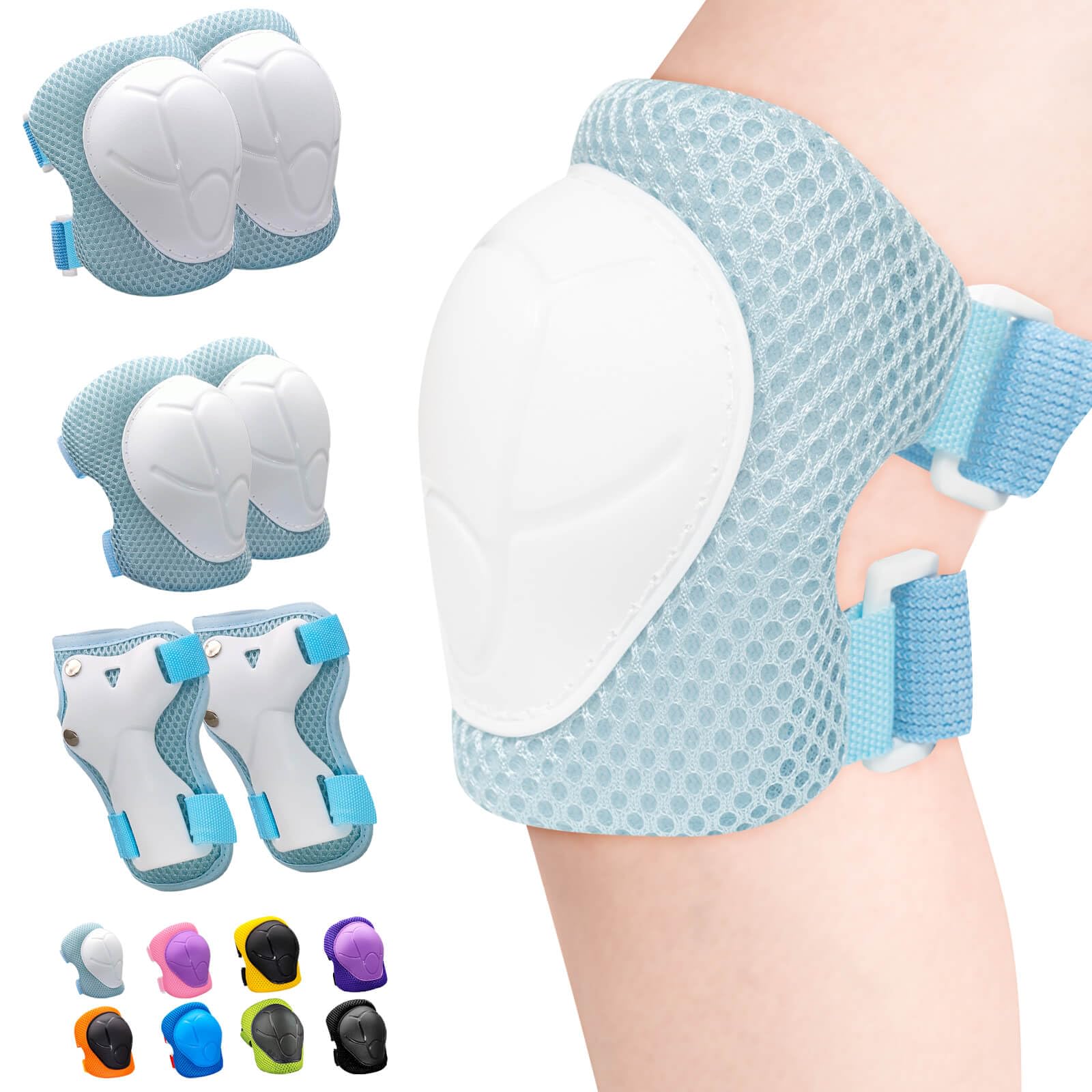 Inkidio Knieschützer für Kinder Schutzausrüstungsset Knieschützer und Ellenbogenschützer-Set mit Handgelenkschutz für Mädchen und Jungen Rollschuhe Roller Radfahren Fahrrad Skateboard (S Sky-Blue)