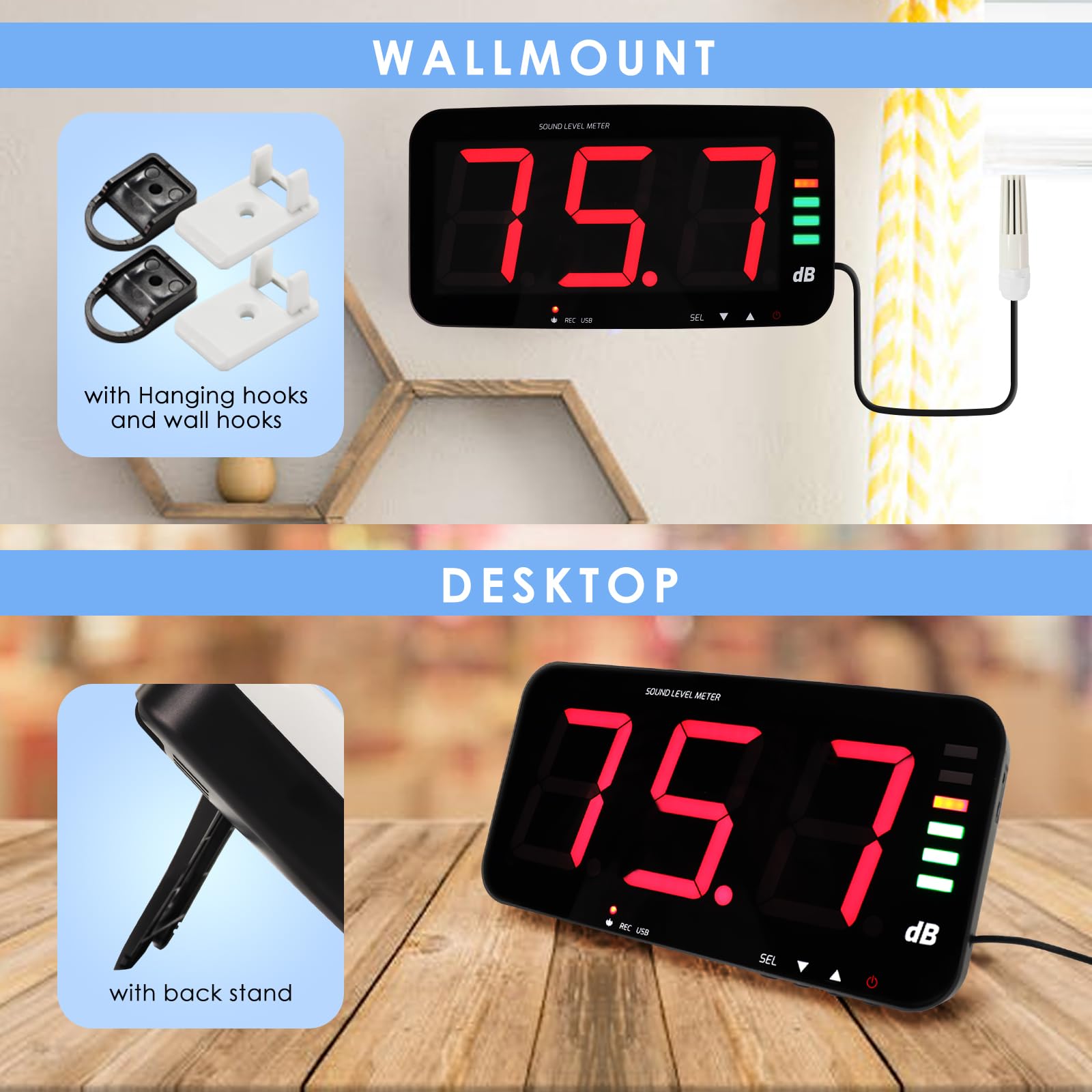 Medidor de Nivel de Sonido Digital de 30 a 130 dB, Medidor de Decibelios para Medir Ruidos, Pantalla Ancha HD de 13 Pulgadas Montada en la Pared con Función de Registro de Datos y Alarma de Ruido