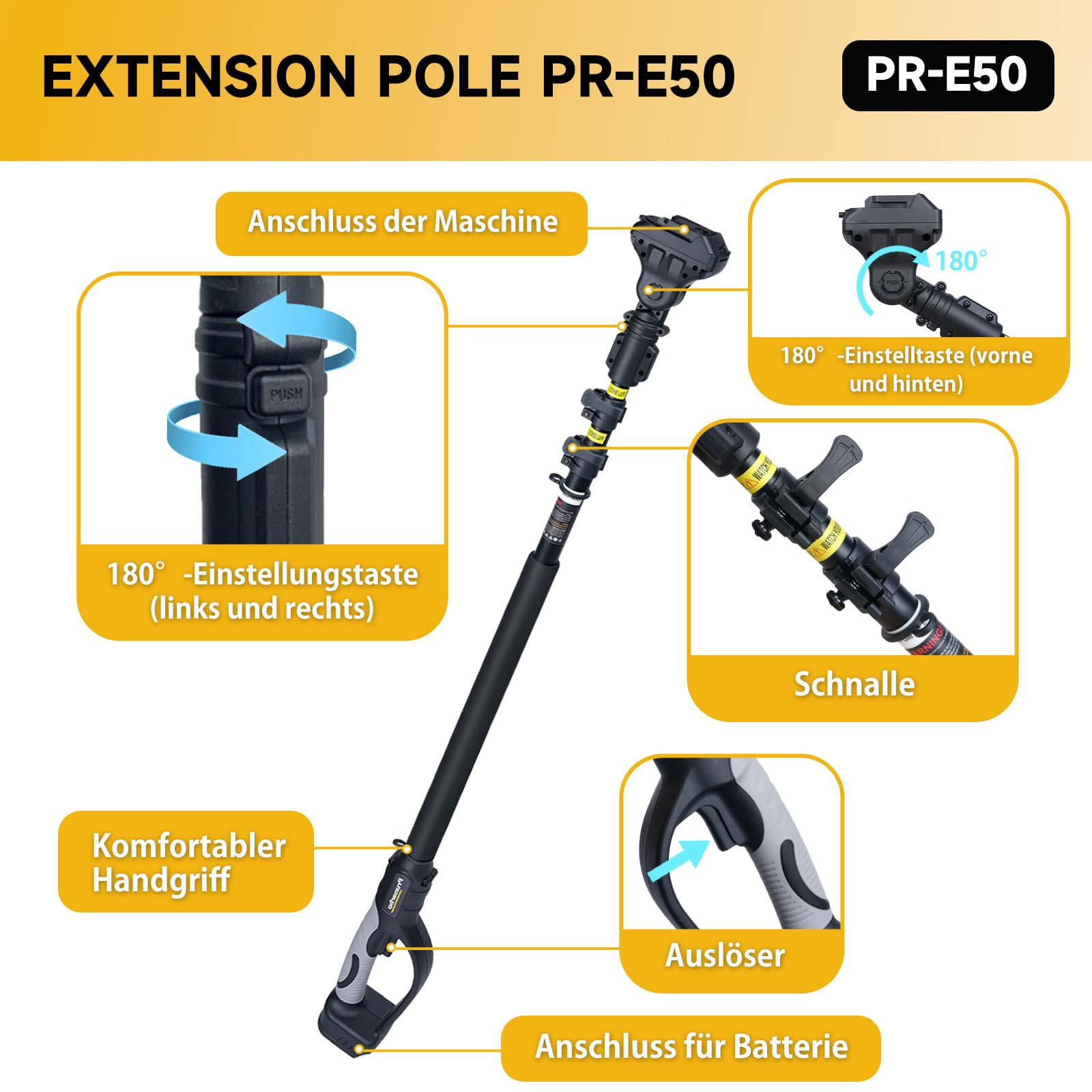 Akku Astschere 50mm mit Verlängerungsstiel für Baumpflege | professionelle Akku Gartenschere mit Verlängerung, 1,3–2,5m Teleskopstiel, Für hohe Äste und präzise Baumschnitte