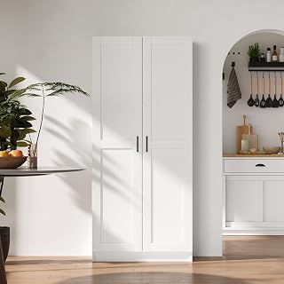 Fenghua Lizhi White Tall Kitchen Pantry Cabinet with Doors & Adjustable Shelves - 31.5"W x 15.7"D x 71"H Wood Storage for Kitchen, Office, Laundry