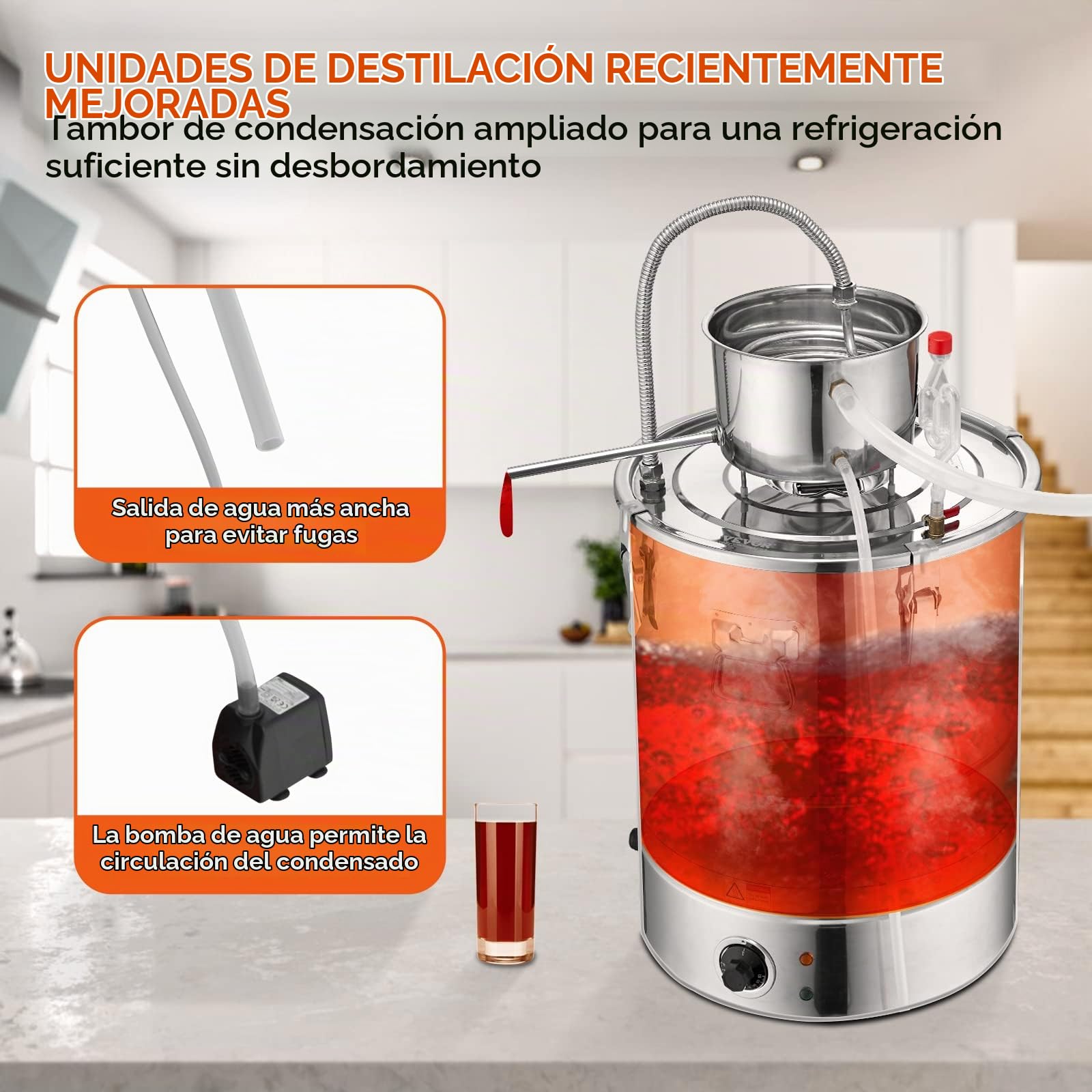 VEVOR Destilador de Alcohol de Agua 30 L Alambique de alcohol 1800 W Destilador de Acero Inoxidable con Bomba de Agua 6,8-8 W Juego Completo para Vinos de Frutas, Whisky, Brandy, Champán, Vodka