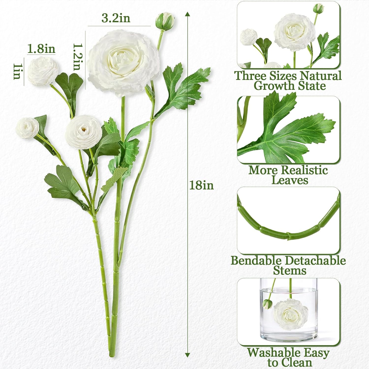 Dolicer Real Touch Ranunculus Artificial Flowers, 12Pcs 18 Inch Fake Peonies Artificial Flowers, White Faux Flower for Vase Faux Peony Bulk for Home Table Wedding Bridal Bouquet Decor