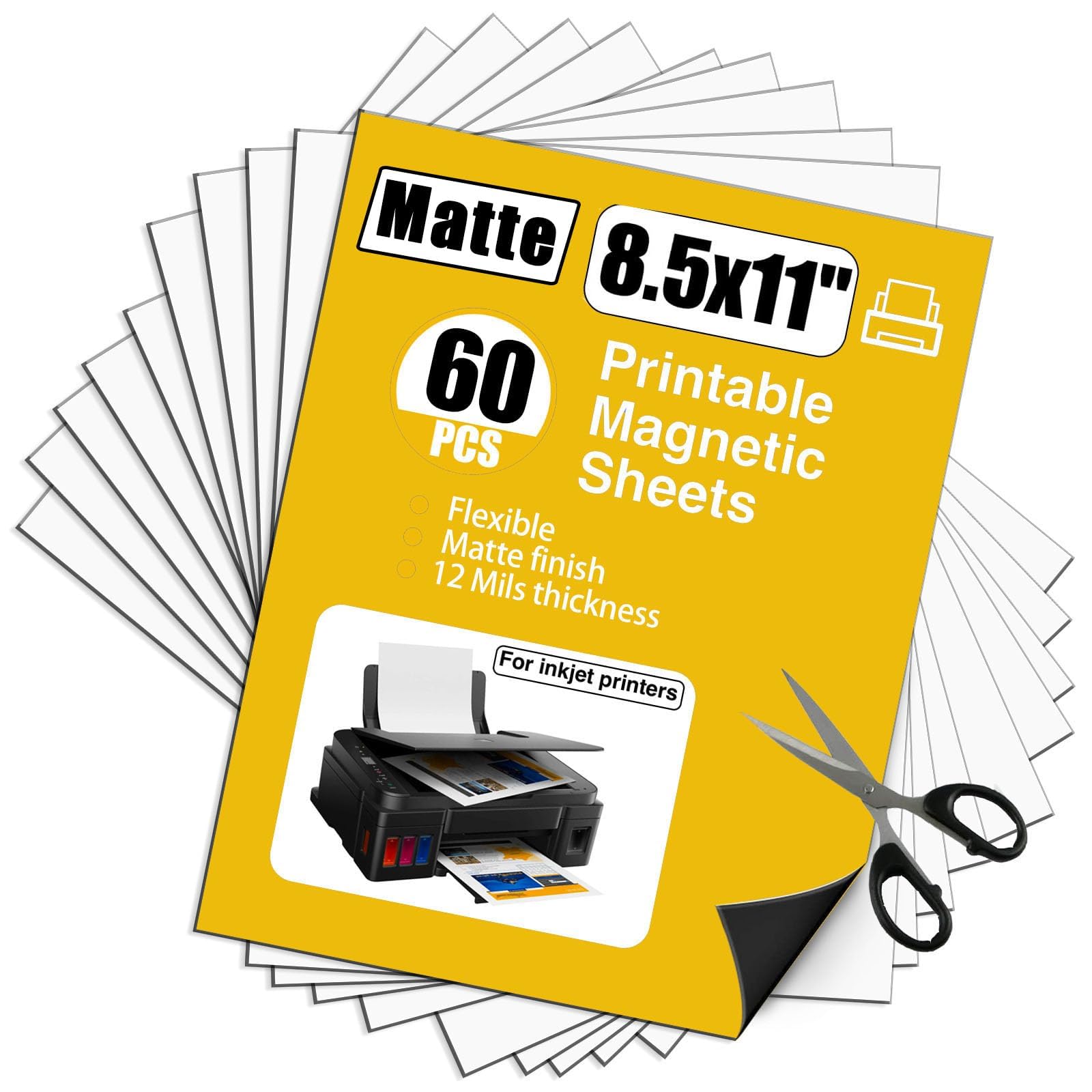 JINGZHAN Matte Printable Magnetic Sheets,Non Adhesive,12 Mils Thick 60pcs Magnet Paper for Inkjet Printer in Office,Flexible Magnetic Printer Photo for DYE Ink