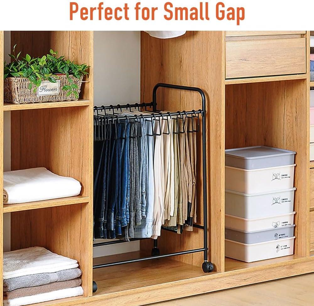 Japard Pants Organizer Rack Trolley with 24 Double Hangers Rolling Trouser Metal Rack, Space Saving Closet - 48 Storage Pants Jeans Scarf (White - 24 Hangers)