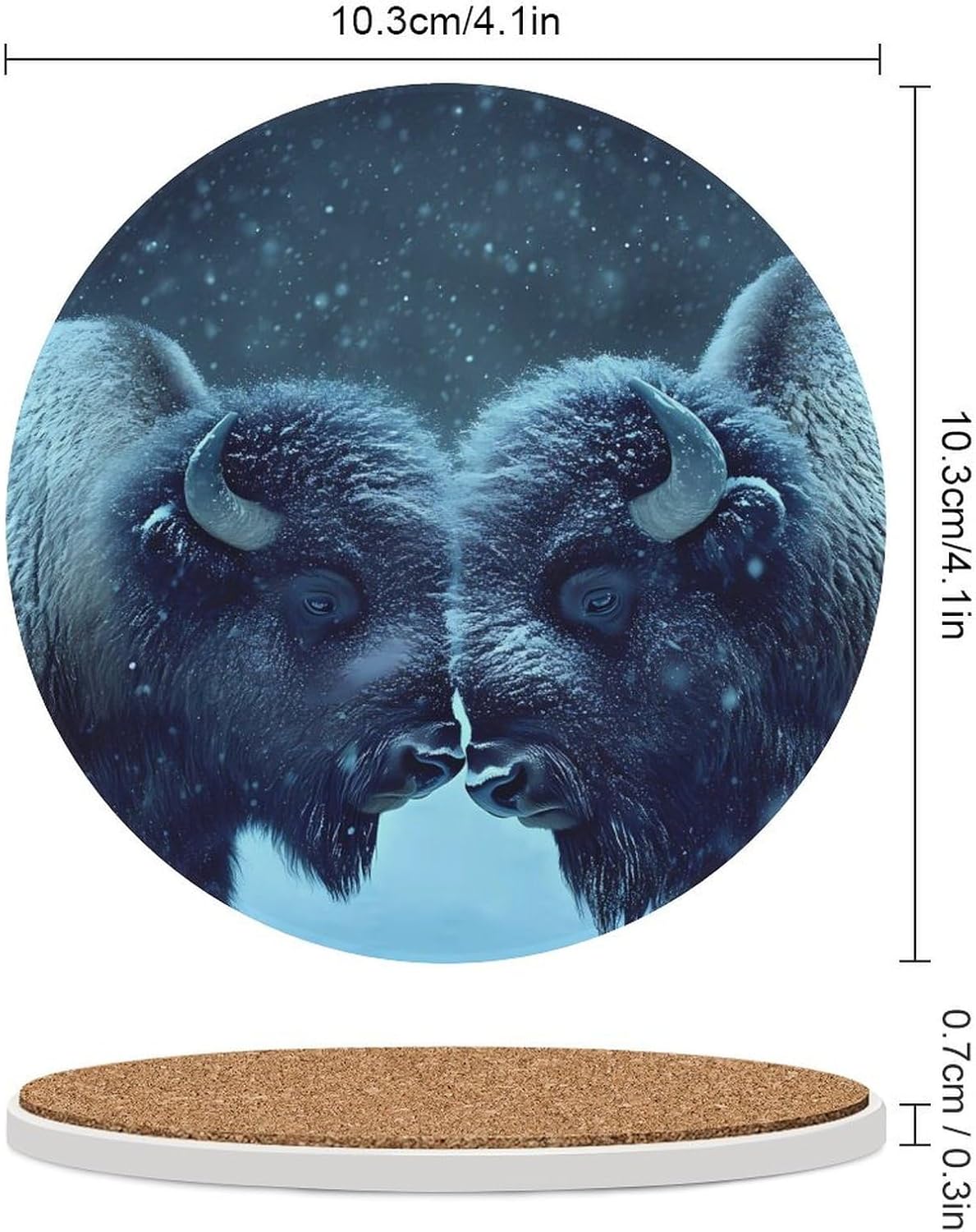 Two Bisons in Snows Day Round Ceramic Coasters for Drinks Absorbent Cup Holder Tabletop Protector with Cork Base