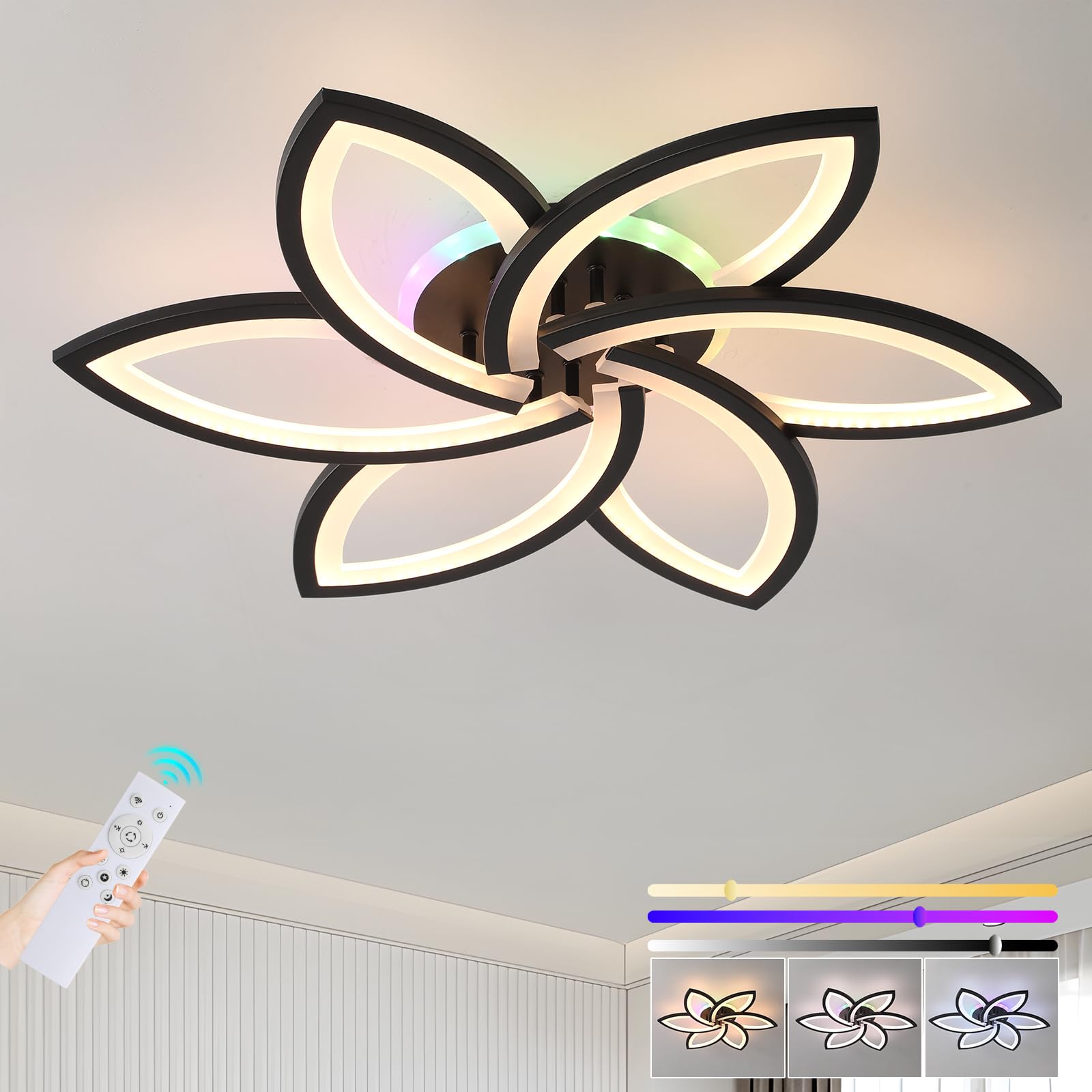 ZAITINZ LED Ceiling Light Dimmable, 50W Modern Flush Ceiling Lights with Remote Control, RGB Color Changing, 3000-6000K, Flower Flush Ceiling Lamp for Bedroom Living Room Kitchen Game Room,Black — image 1