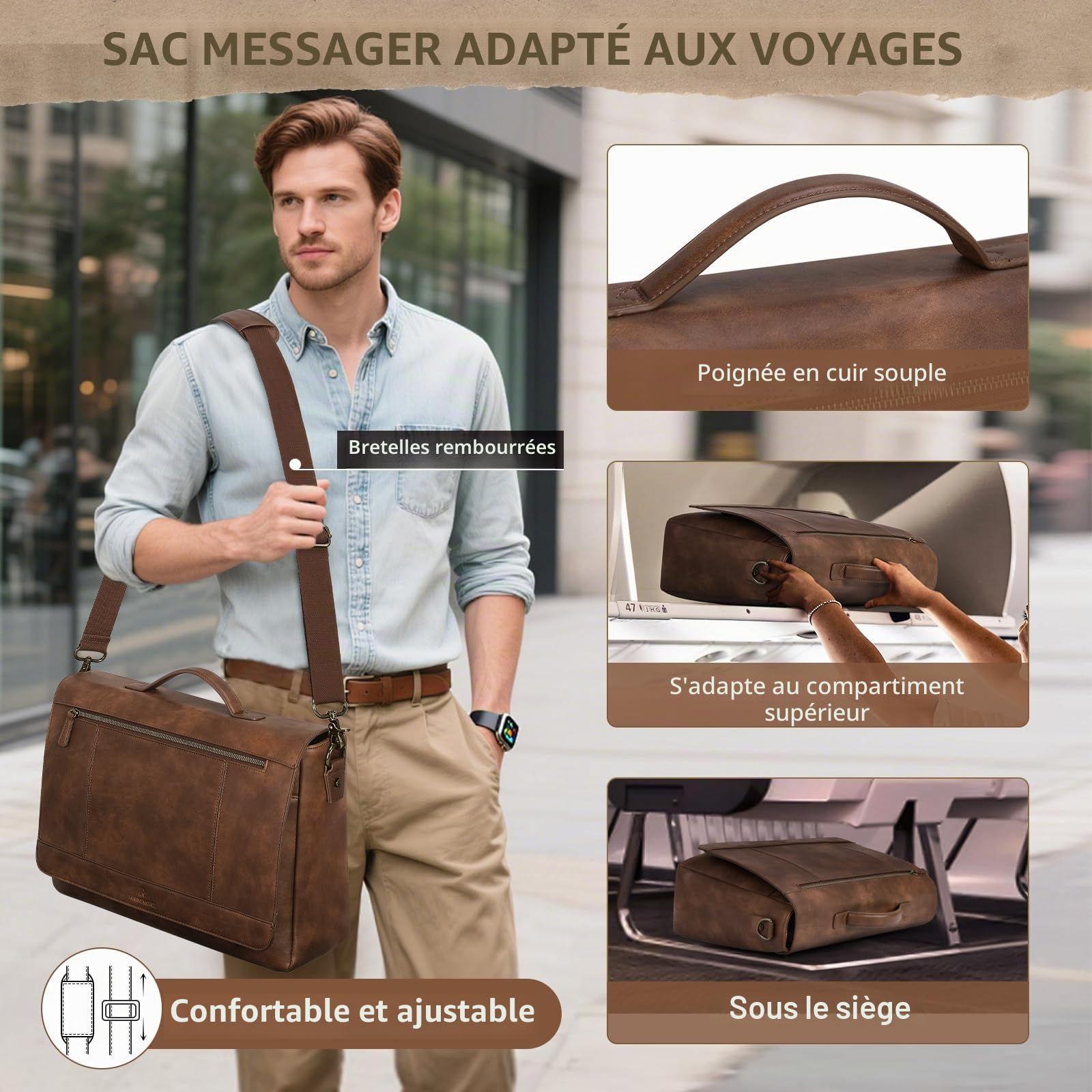RAINSMORE Sac à bandoulière en cuir pour homme de 15,6 pouces - Étanche - Style vintage - Grande sacoche à bandoulière - Pour le travail, le bureau, l'université