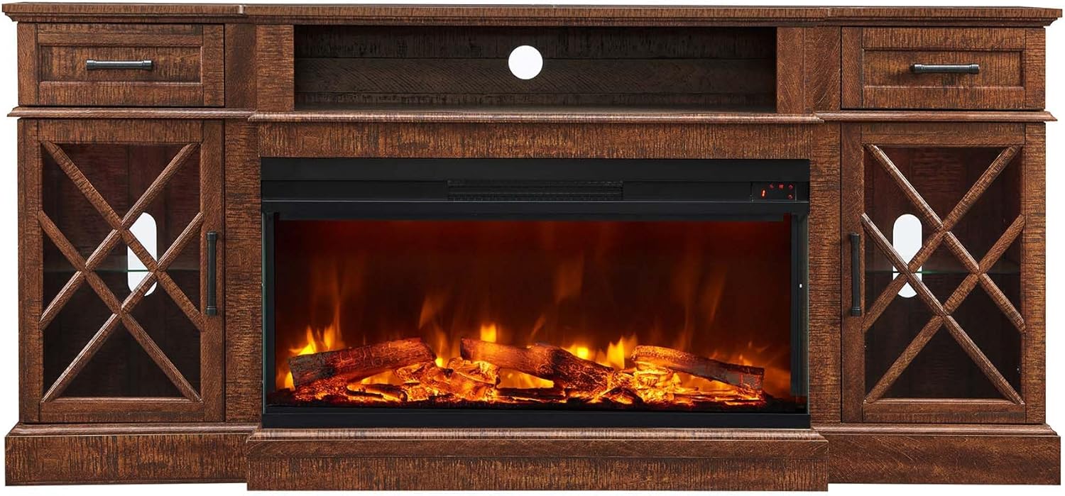 T4TREAM 3-Sided Glass Electric Fireplace TV Stand for TVs up to 80", 70" Farmhouse Entertainment Center with Storage Cabinet & Drawer, 36" Fireplace with Remote Control, Reclaimed Barnwood