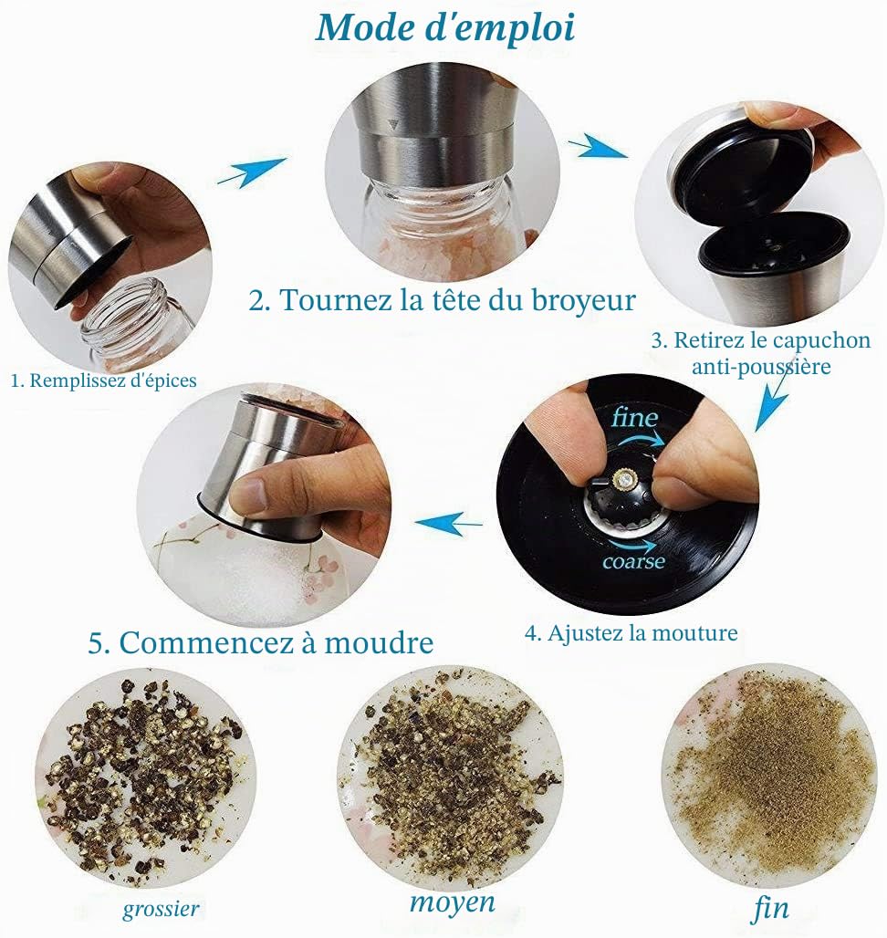 Moulin à poivre en acier inoxydable avec corps en verre, broyeur manuel en céramique réglable pour épices et herbes