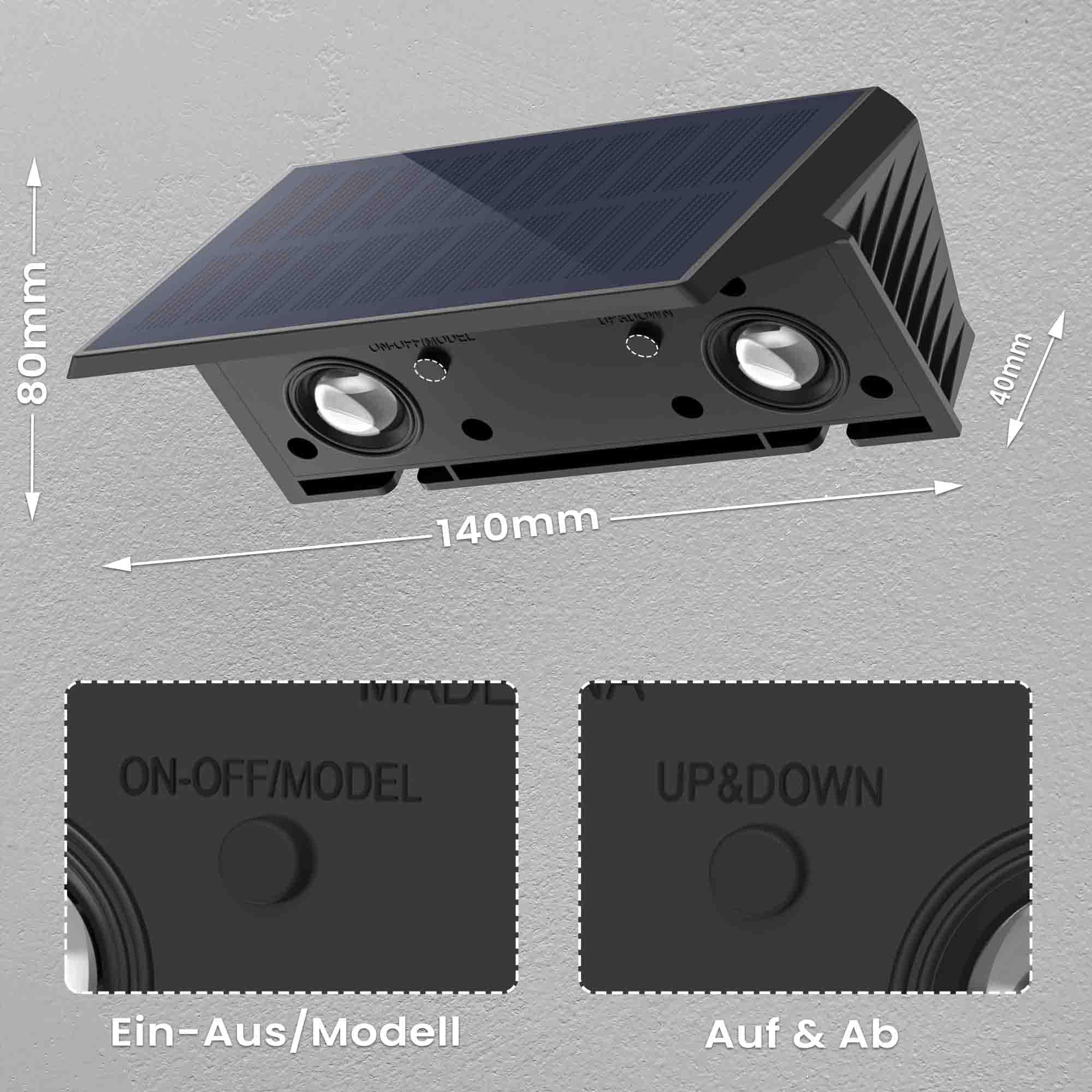 wandleuchte solar außen solar wandleuchte aussen solarlampen Nach Oben und Unten Beleuchtet 4 LEDs IP67 Wasserdichte Solarleuchte für Garten Balkon Terrasse Treppen Warmweiß 4er
