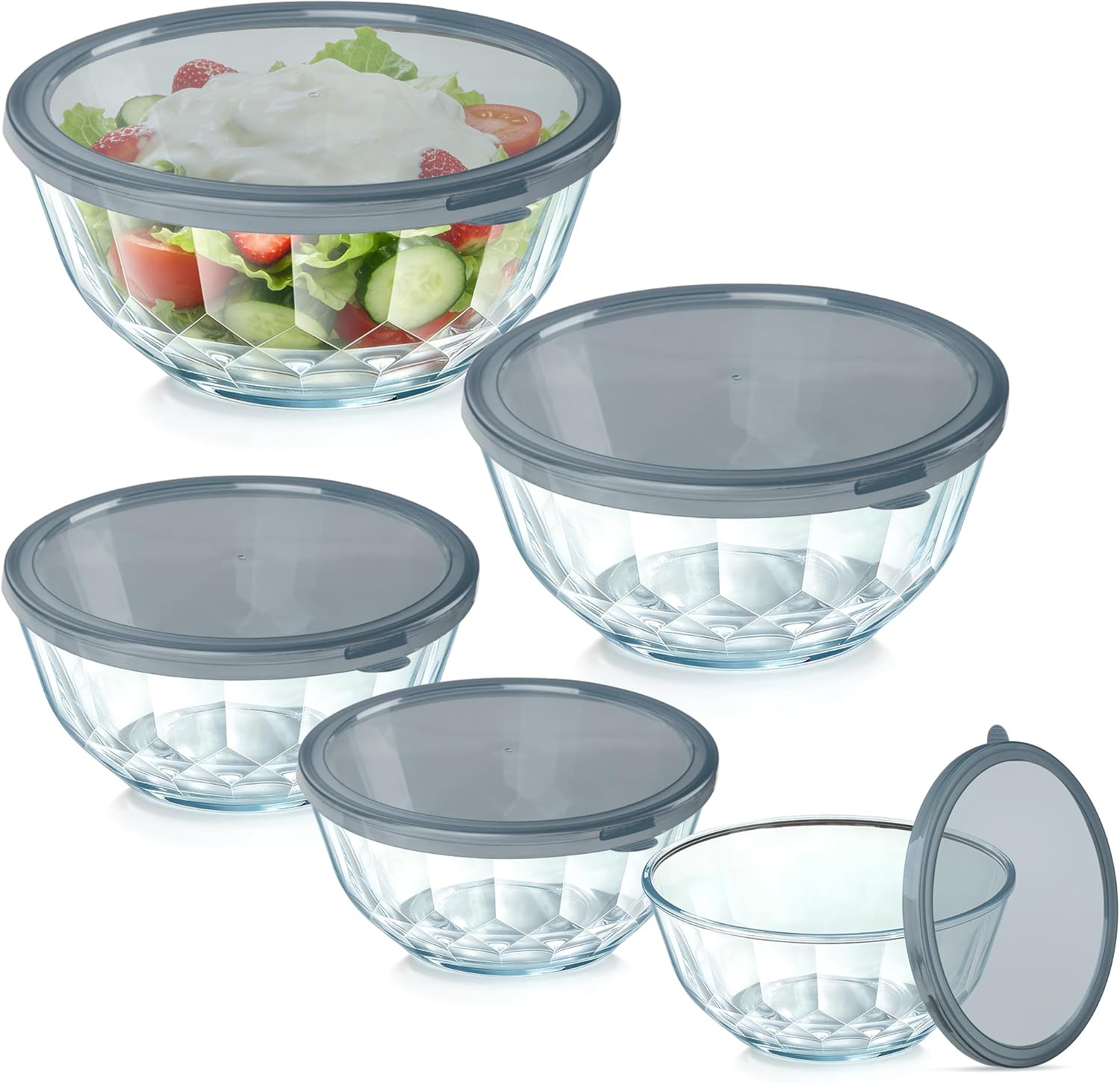 Thick Glass Mixing Bowls with Airtight Lids Set, 5-Piece Nesting Bowls for Baking & Meal Prep, BPA Free, Dishwasher Safe, 0.5/0.8/1.6/2.7/4.4 Quart - Gray