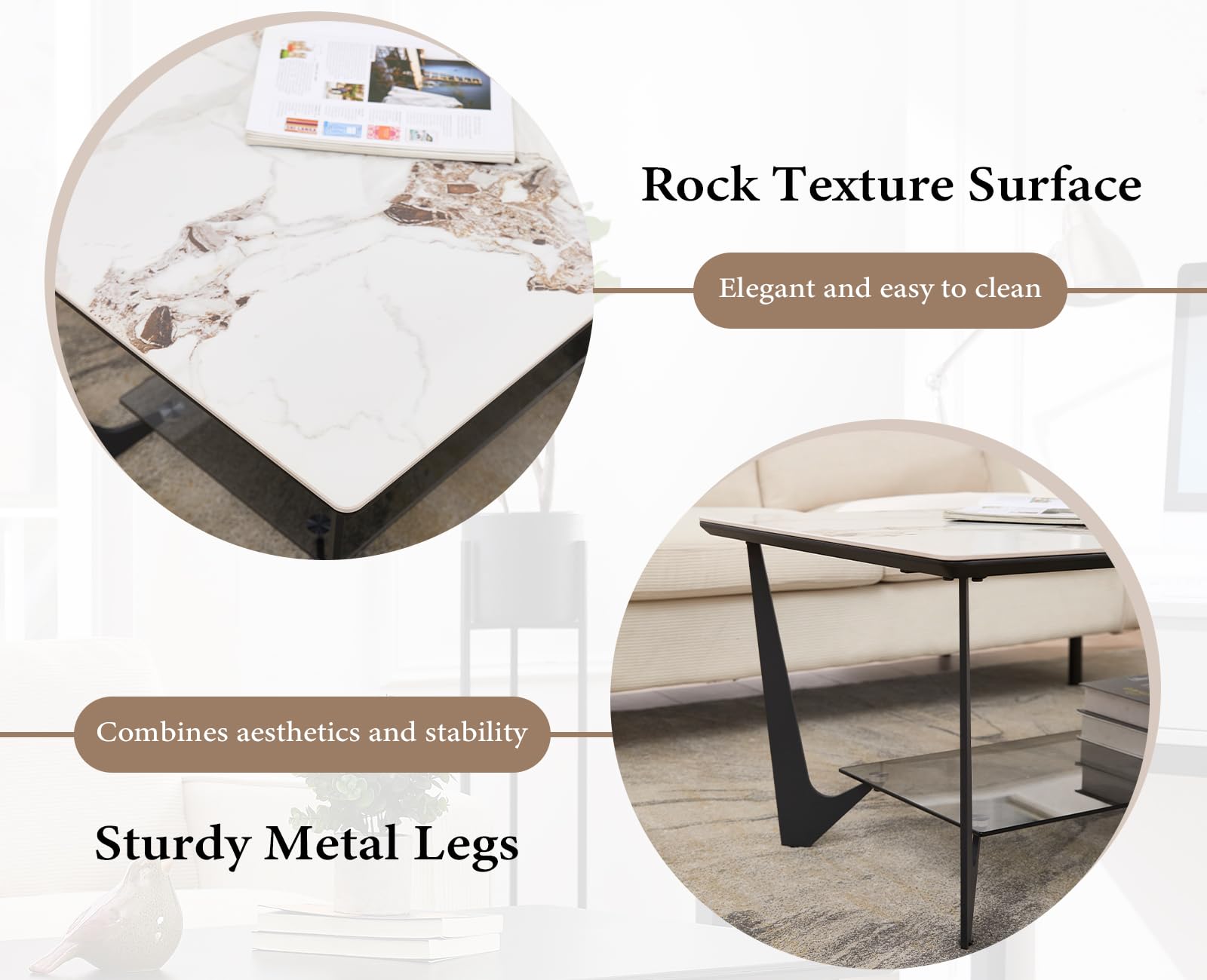 chairus Mesa de Salón Moderna Mesa de Centro Rectangular,Tablero con Estantes Almacenaje Mesita de Mármol para Hogar/Oficina,Blanco