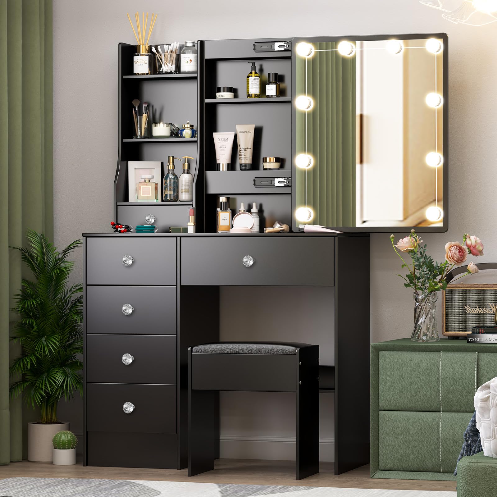 Schminktisch mit Beleuchtung, Einstellbarer Helligkeit, Make Up Tisch mit Schiebespiegel, Kosmetiktisch mit 6 Schubladen und 6 Regalen, Frisiertisch mit Hocker Schwarz 36x80x131cm, H010630