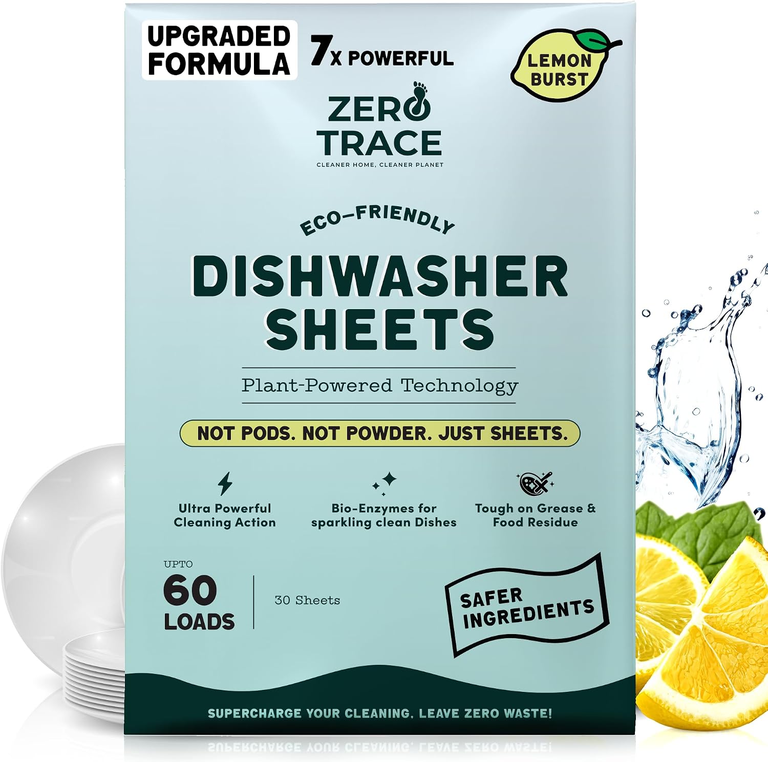 Zero Trace Dishwasher Detergent Eco-Friendly Sheets for Dish Washing - Plant Powered Technology - Lemon Scent - 60 Loads
