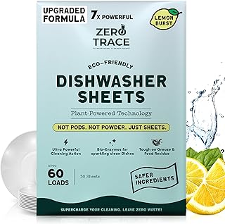 Zero Trace Dishwasher Detergent Eco-Friendly Sheets for Dish Washing - Plant Powered Technology - Lemon Scent - 60 Loads