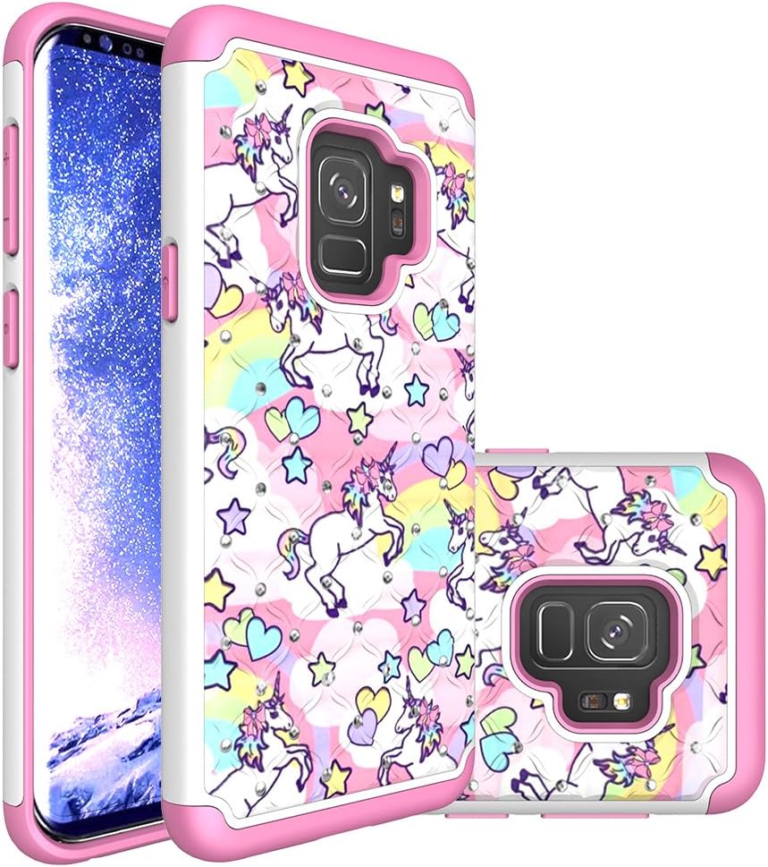 CaseTown Compatible with Samsung Galaxy S9, Rainbow Unicorn Pattern Heavy Duty Shockproof Studded Rhinestone Crystal Bling Hybrid Case Silicone Protective Armor
