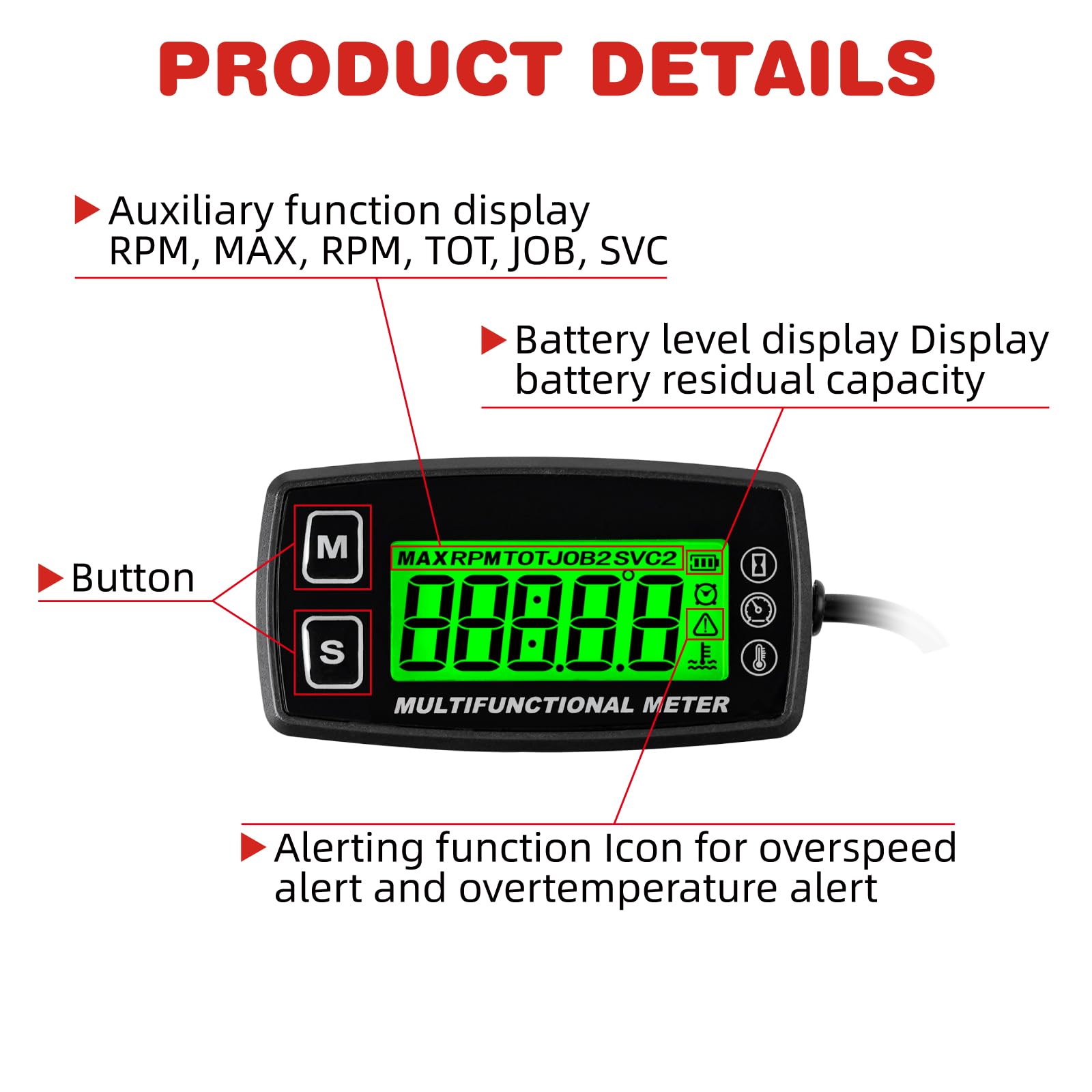 Tachymètre numérique RileyFine RQ-HM035T, fonction horloge, rappel d’entretien, mesure de la température, pour tondeuses à gazon, tracteurs, mini-vélos, motos, compresseurs, générateurs, motoneiges, b