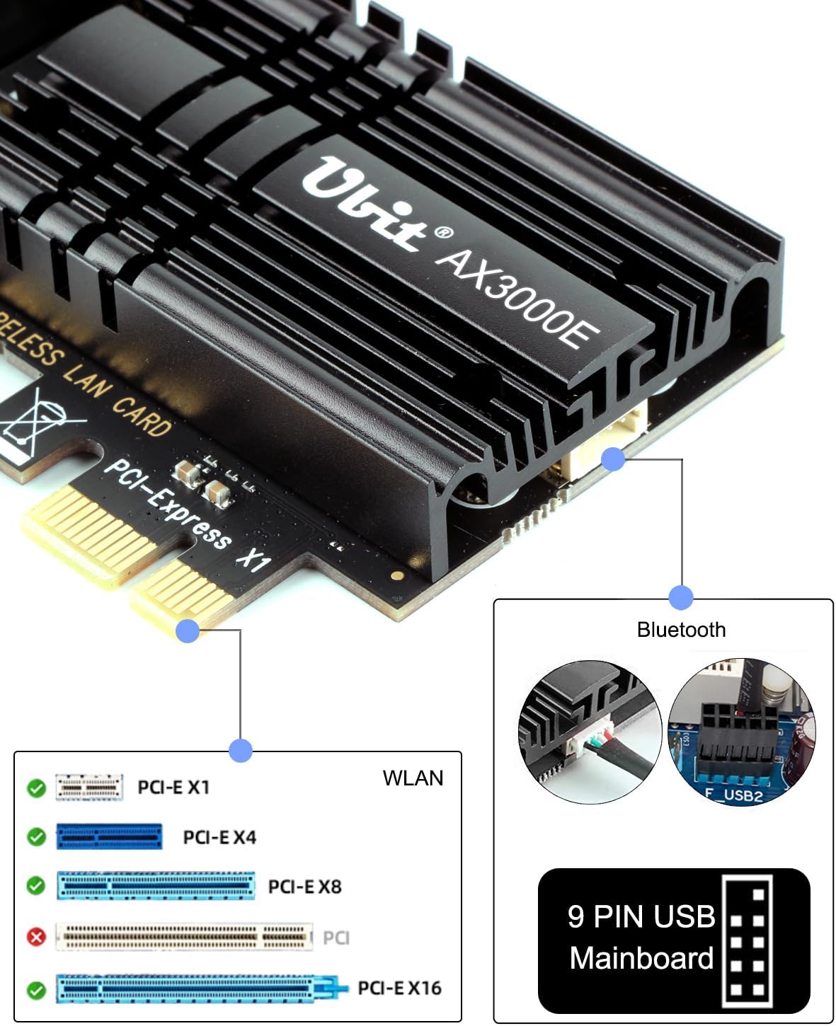 Ubit WiFi Card, Three-Band 3000Mbps WiFi 6 AX3000 PCIe WiFi Card with Bluetooth 5.2, Wireless Adapter with MU-MIMO,OFDMA,Ultra-Low Latency, Supports Windows 10/11 (64bit) only