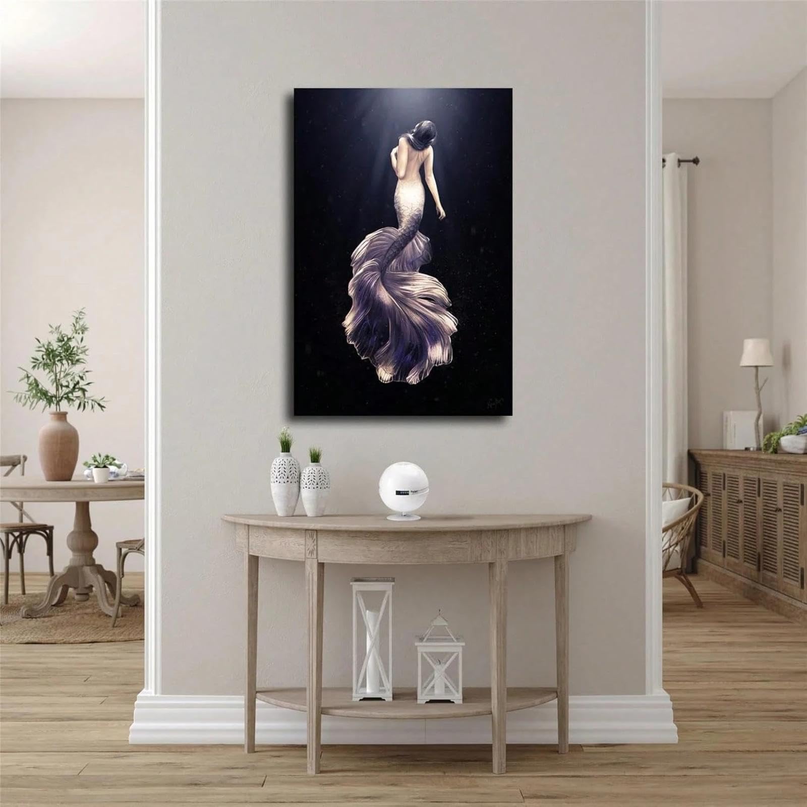 Fantasy Czarno-biały plakat do łazienki syrenka druk na płótnie malarstwo sztuka ścienna do sypialni salonu dekoracja ścienna 40 x 70 cm (16 x 28 cali) z ramą