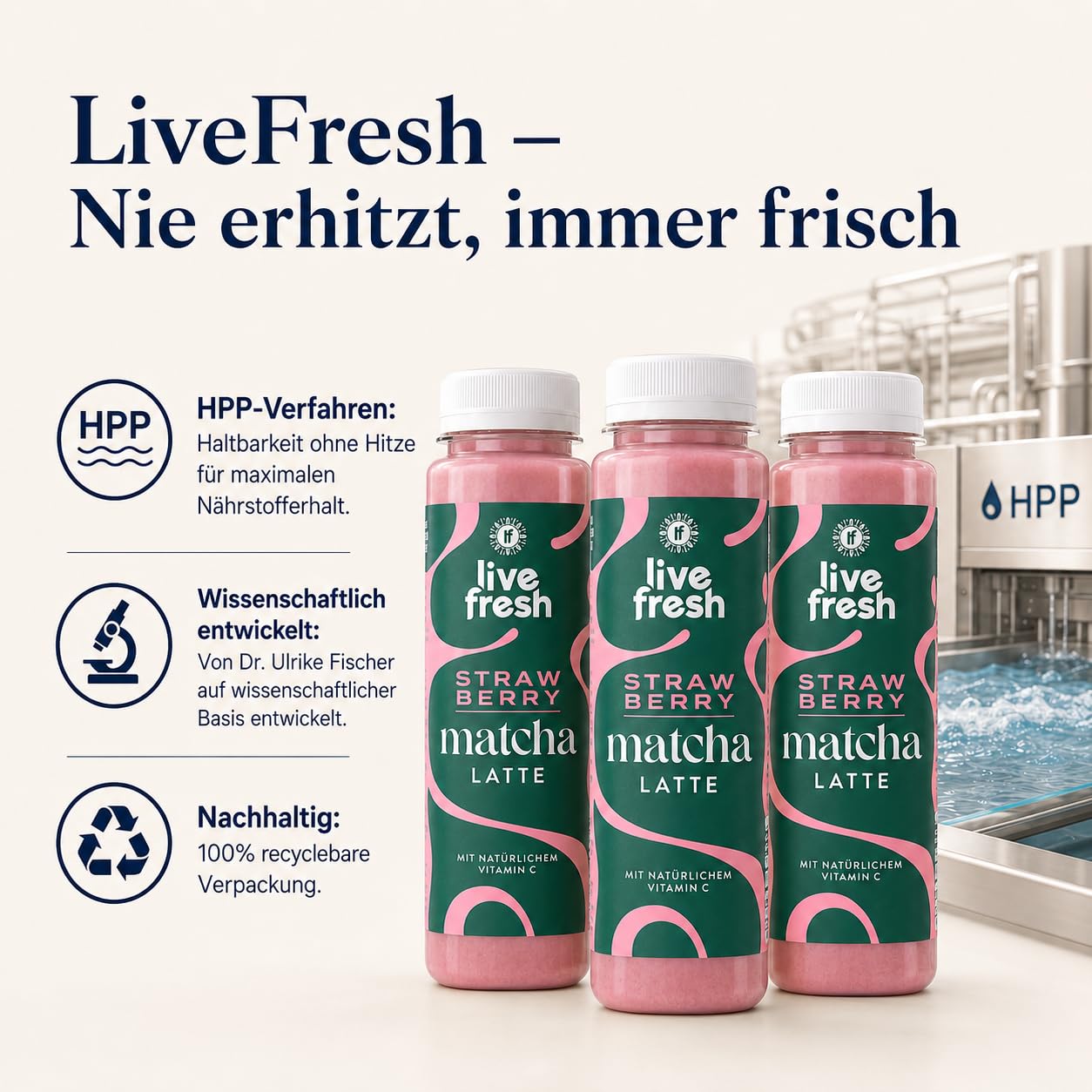LiveFresh Matcha Latte Erdbeere – Fruchtiges Matcha Getränk mit Vitamin C – 6x250ml