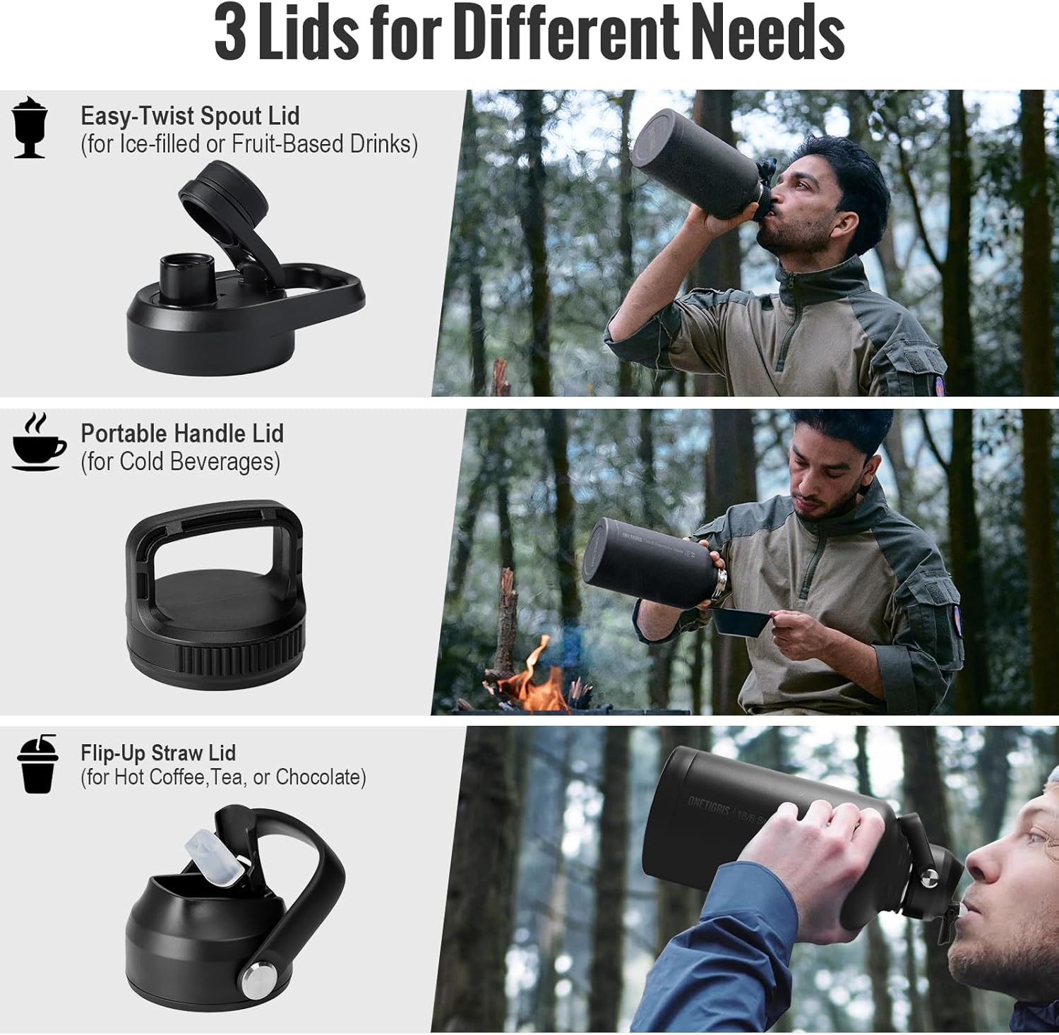 ONETIGRIS Tactical Half Gallon Water Bottle with Straw - 64 oz Vacuum Insulated Stainless Steel Water Jug, Leakproof Sport Bottle with 3 BPA Free Lids, Paracord Handle & MOLLE Water Pouch for Outdoor - Image 3