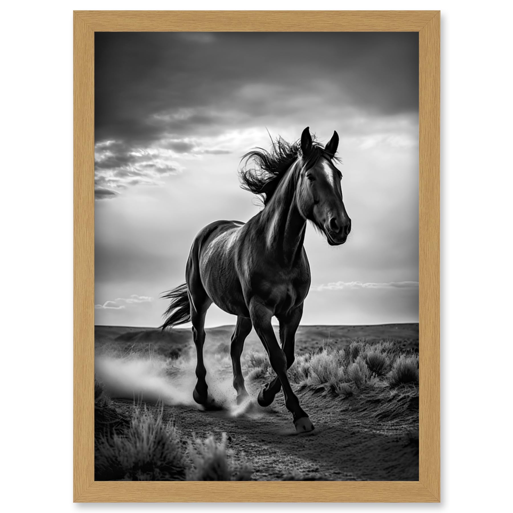 Artery8 Horse Galloping Desert Landscape Black and White Artwork Framed Wall Art Print A4