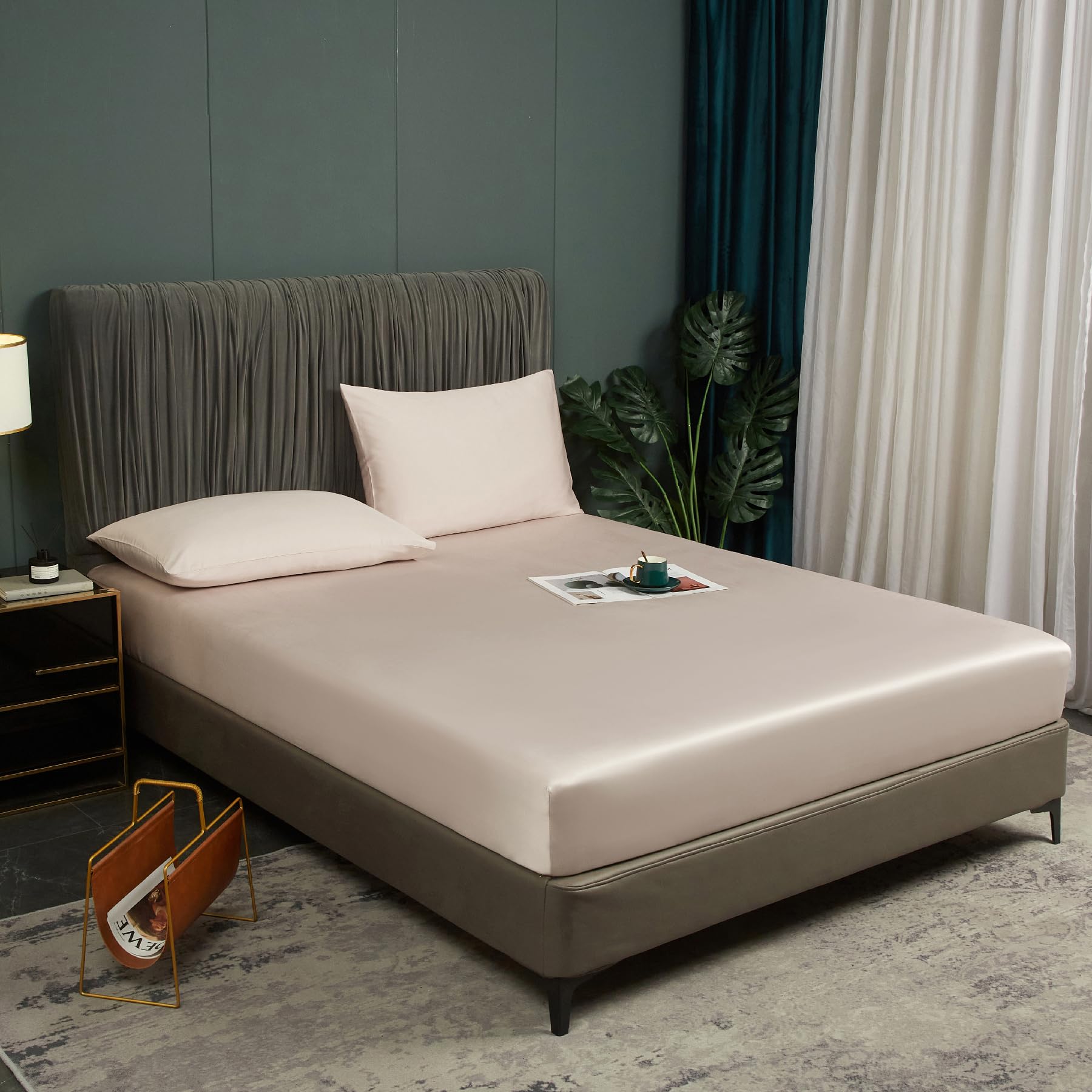 Bambus Lyocell Spannbettlaken 180x200cm Beige Boxspringbett Frottee Topper Glänzend Bambusfaser Bettlaken Spannbetttuch 180x200 für Hohe Matratze bis 30 cm